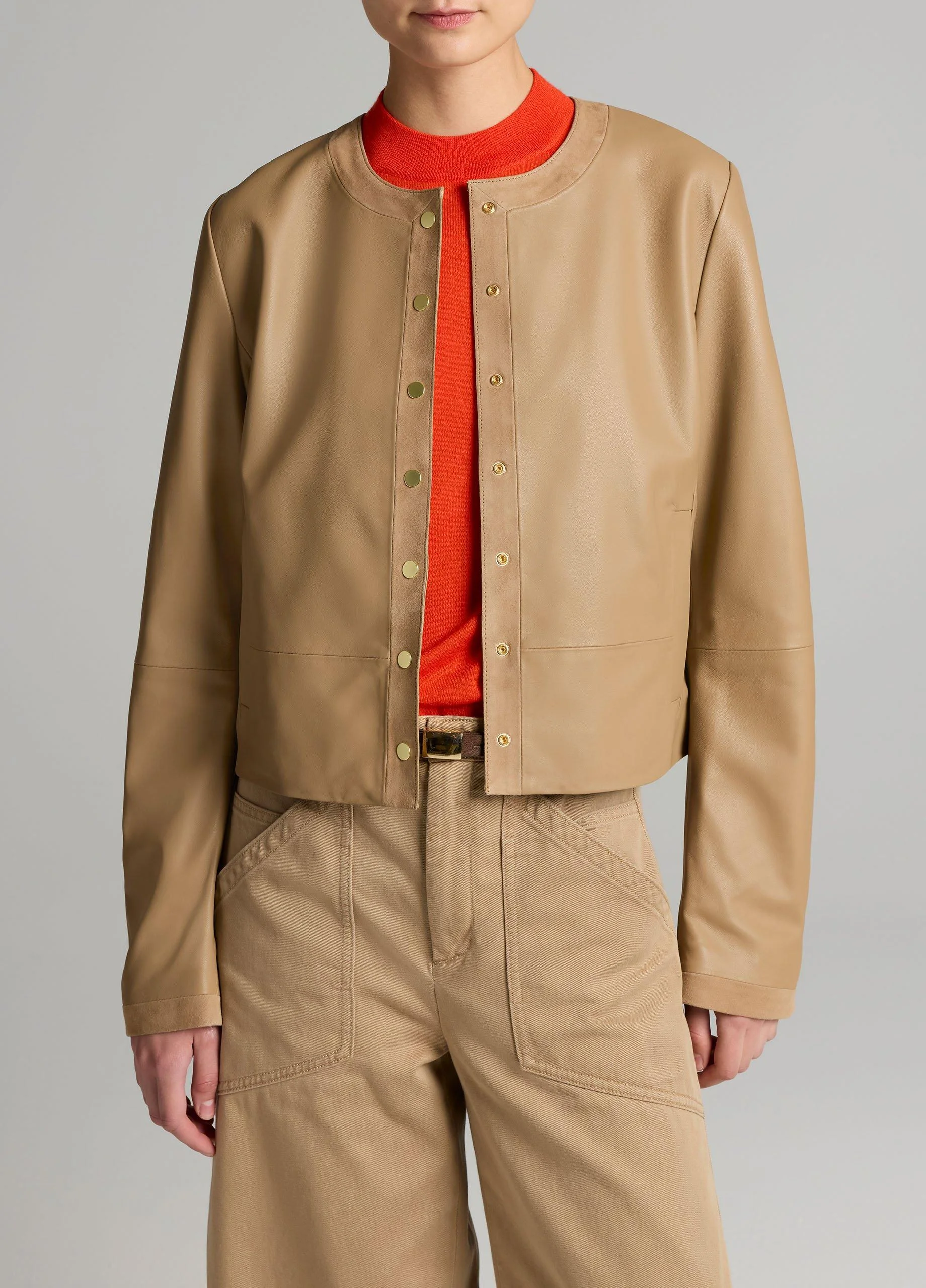 Suede-Trimmed Leather Cropped Jacket - 1