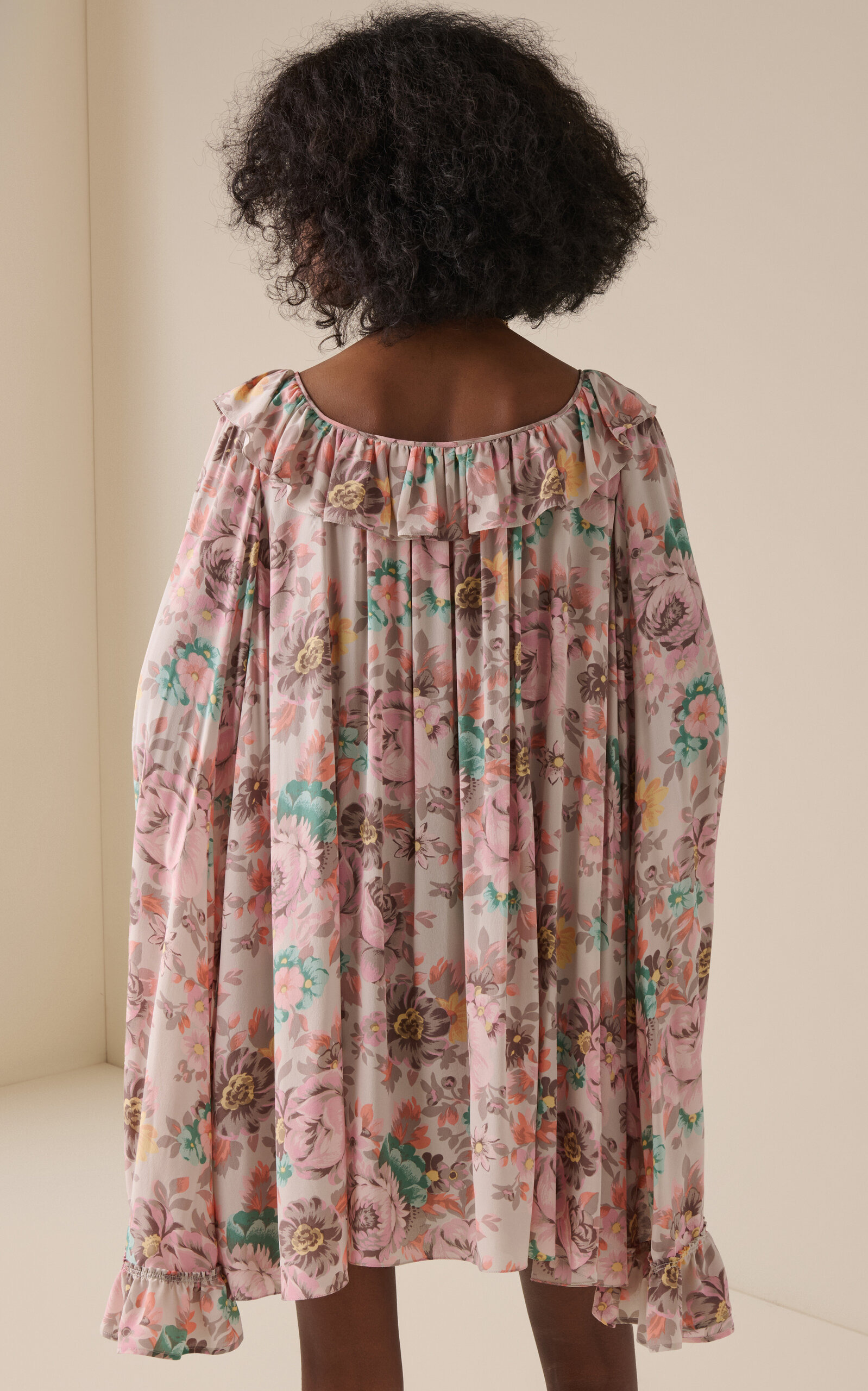 Bouquet-Printed Organic Silk Crepe De Chine Mini Cape Dress floral - 4
