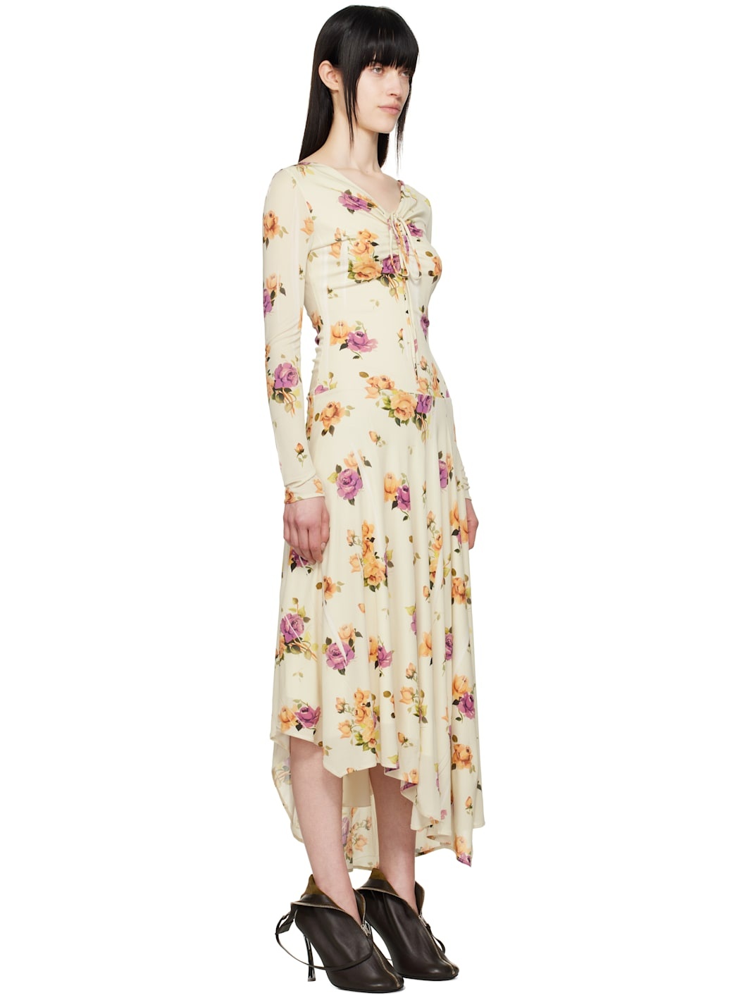 Beige Floral Midi Dress - 2