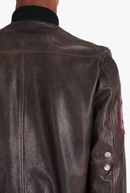 Brown leather teddy jacket with Balmain badges - 9