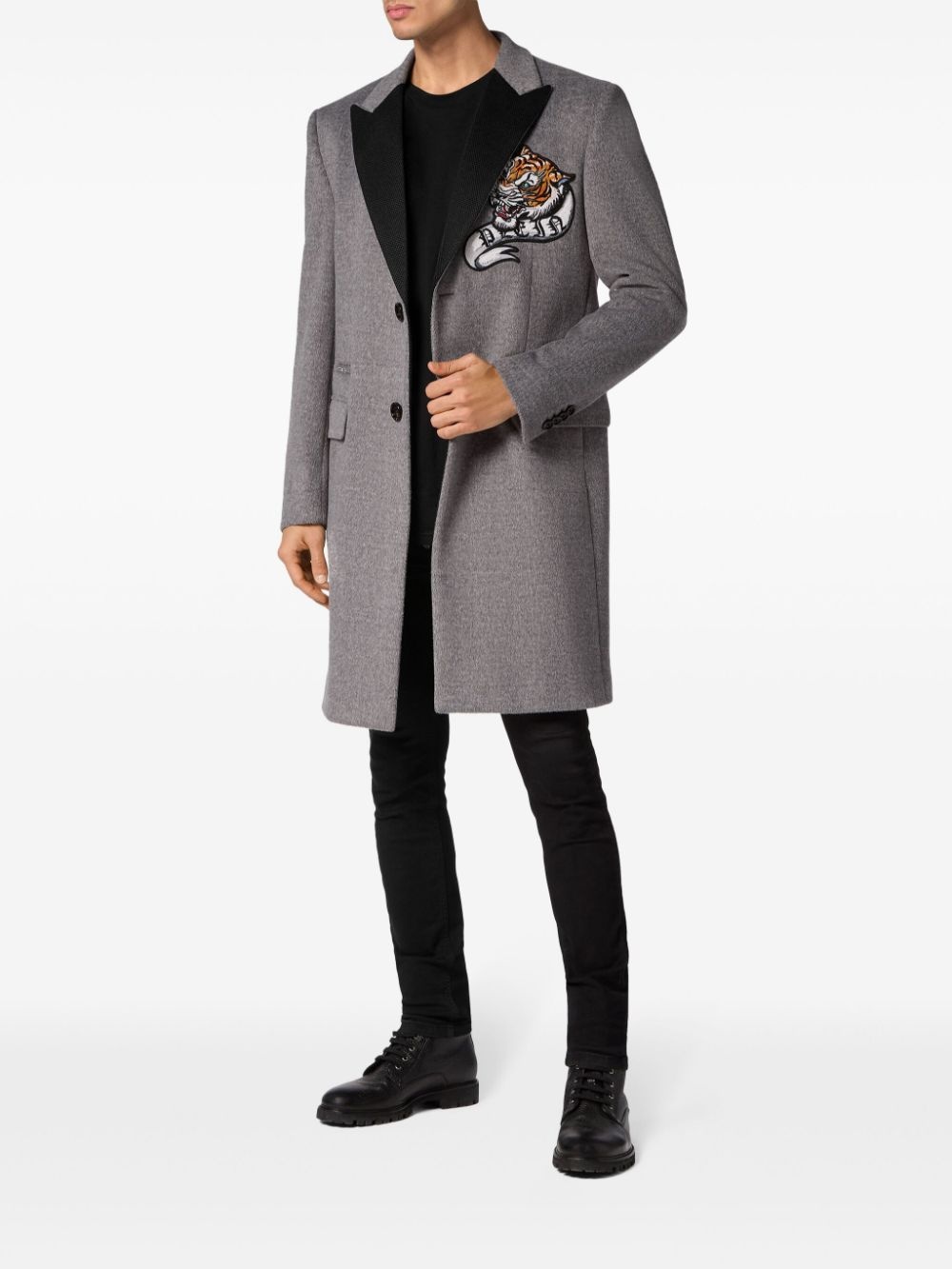tiger-patch single-breasted coat - 2