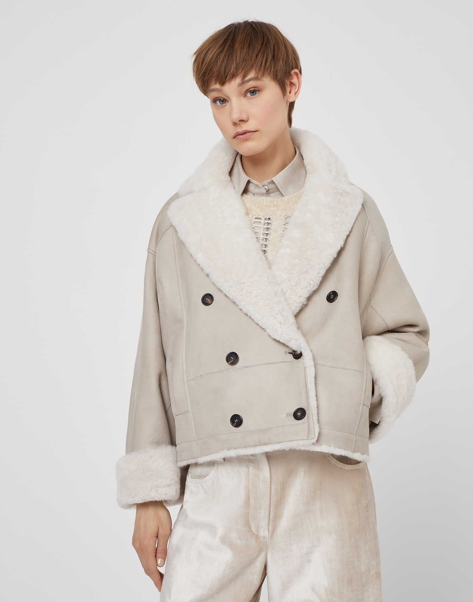 Fuzzy shearling reversible outerwear jacket with monili - 1