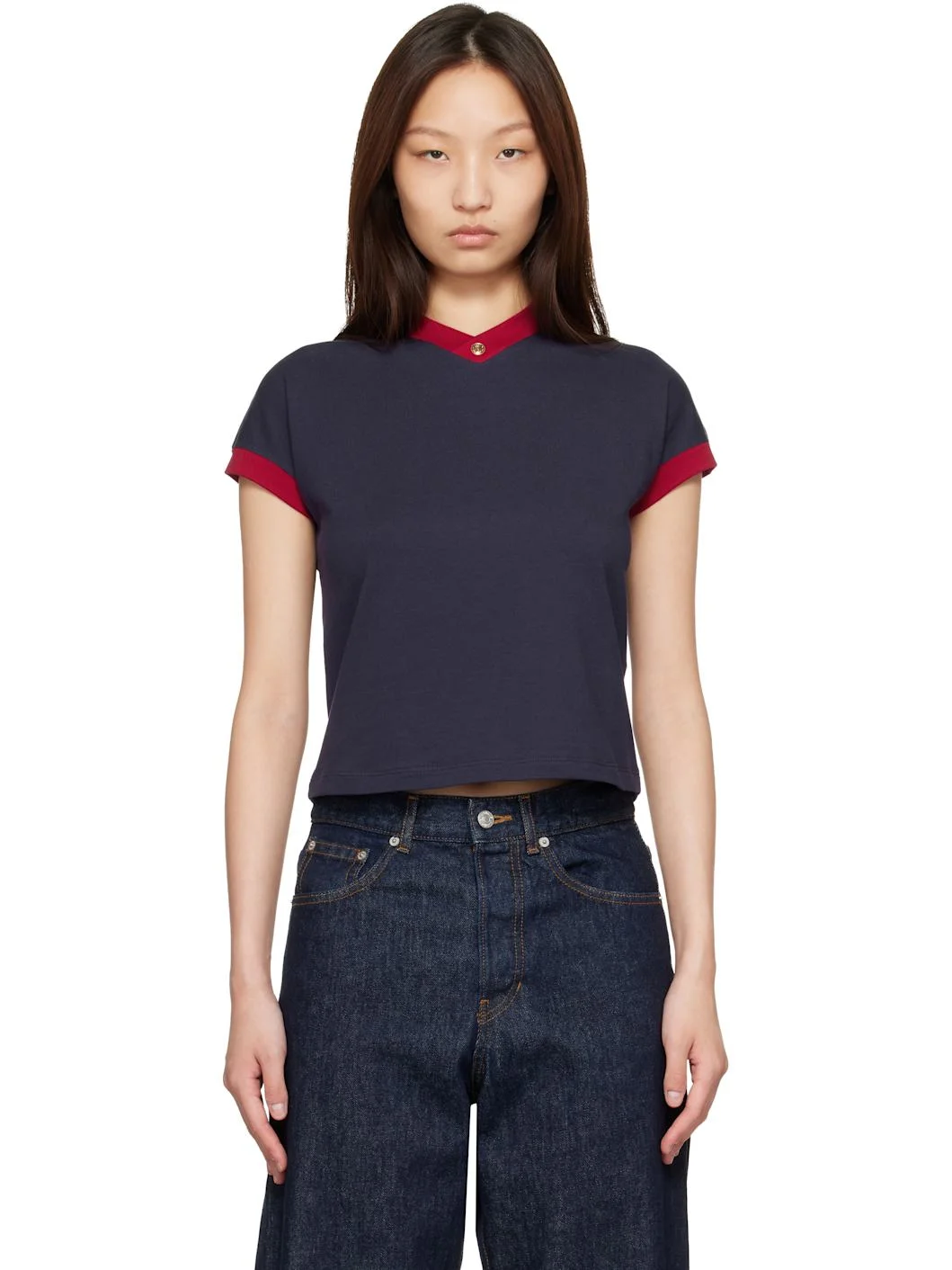 Navy & Red Stretch Cotton-Jersey T-shirt - 1
