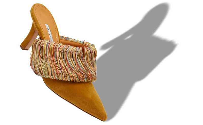 Manolo Blahnik Gold Velvet Fringe Detail Mules outlook