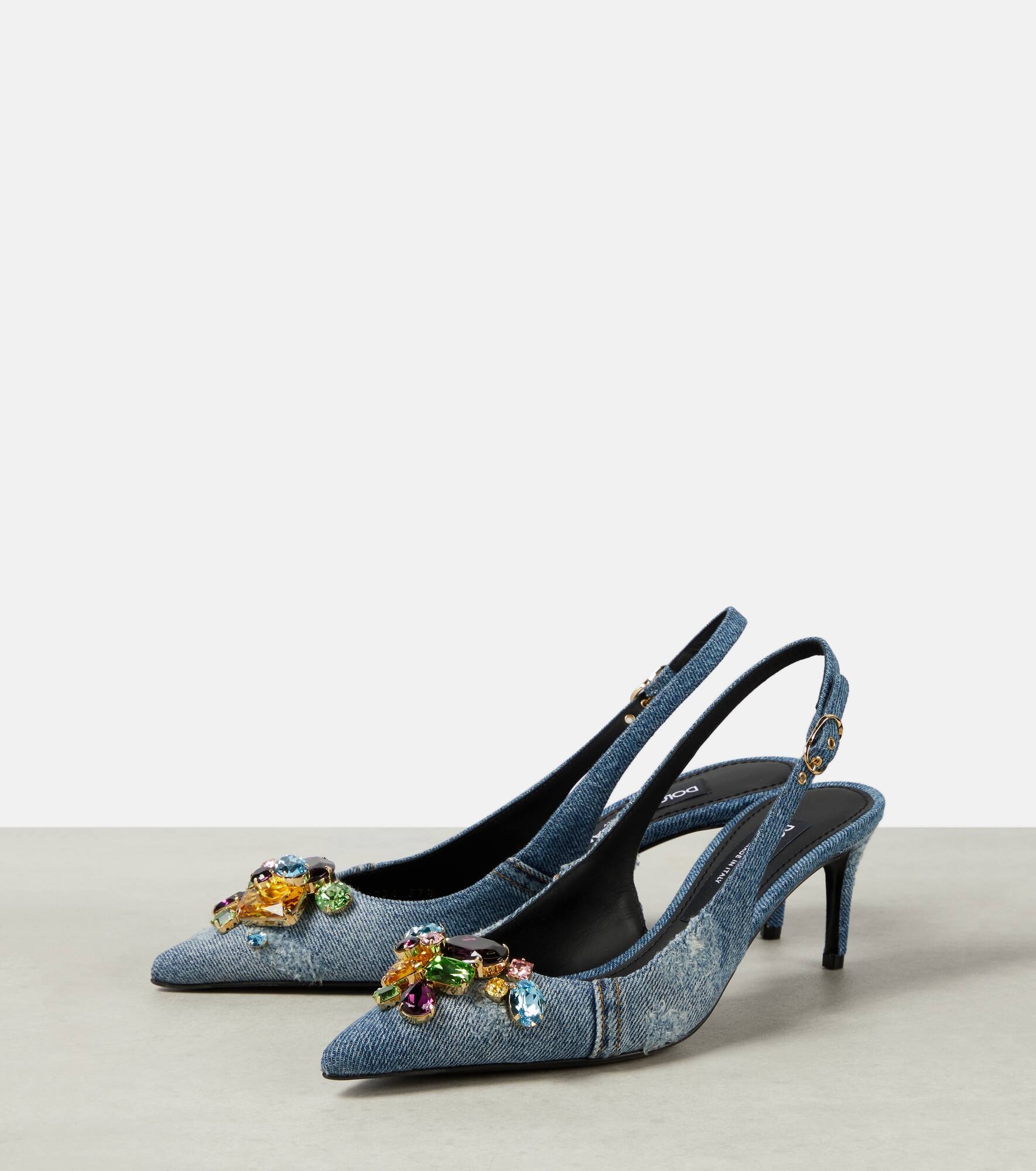 Embellished denim slingback pumps - 5