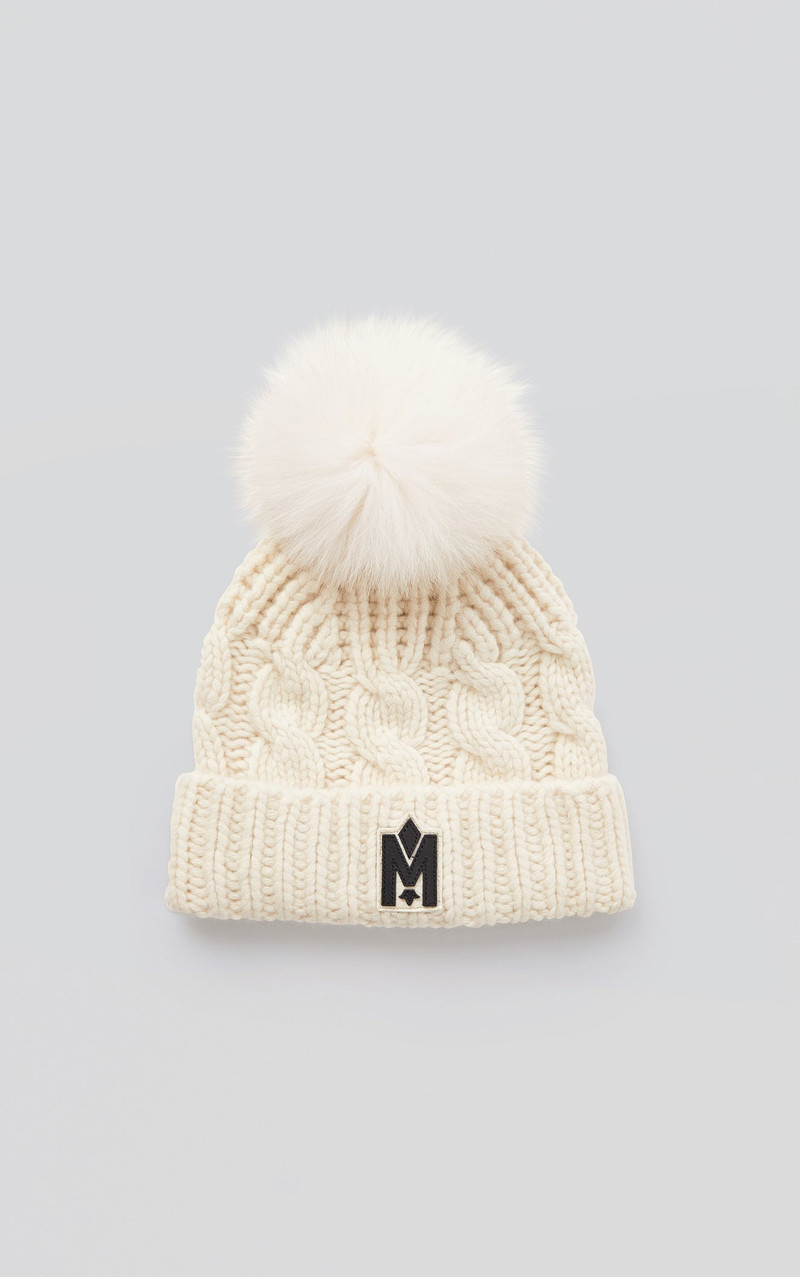 MACKAGE NINA cashmere cable knit toque with blue fox fur pompom outlook
