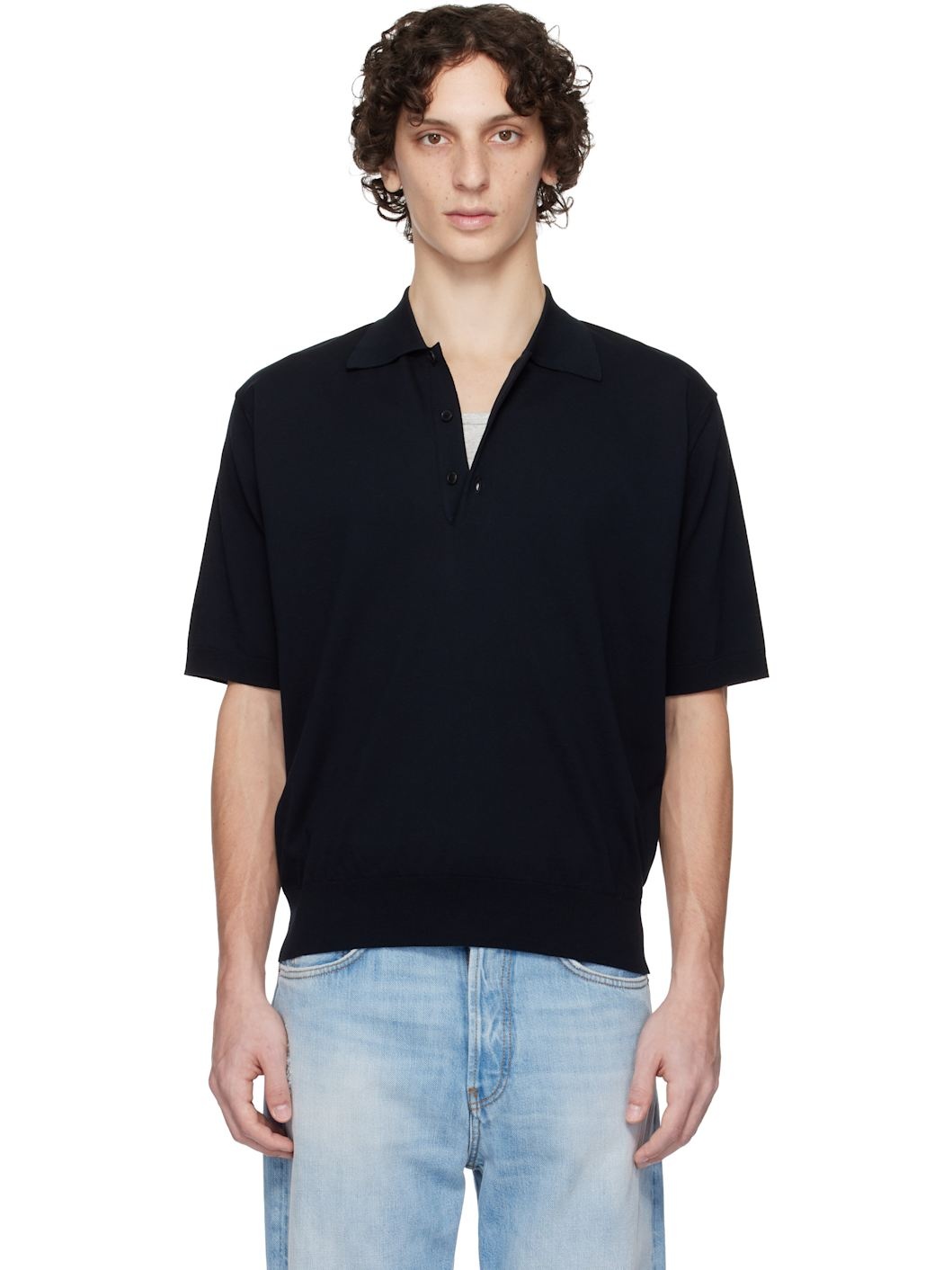 Navy Super High Gauge Cotton Knit Polo - 1