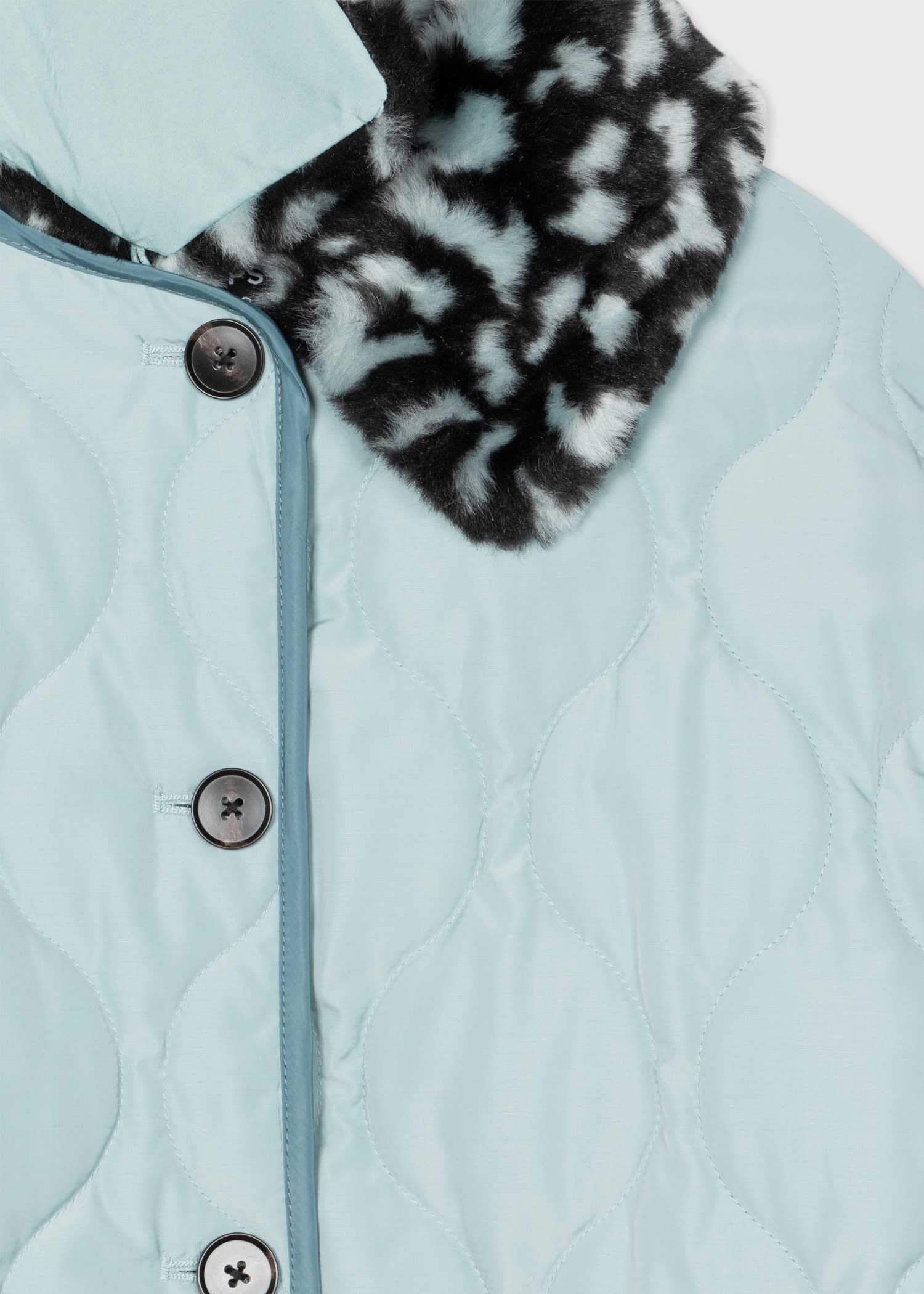 Pale Blue Quilted Leopard Collar Coat - 3