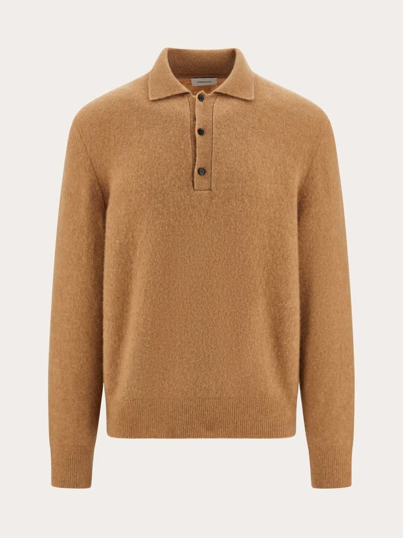 Long sleeved camel and silk polo shirt - 1