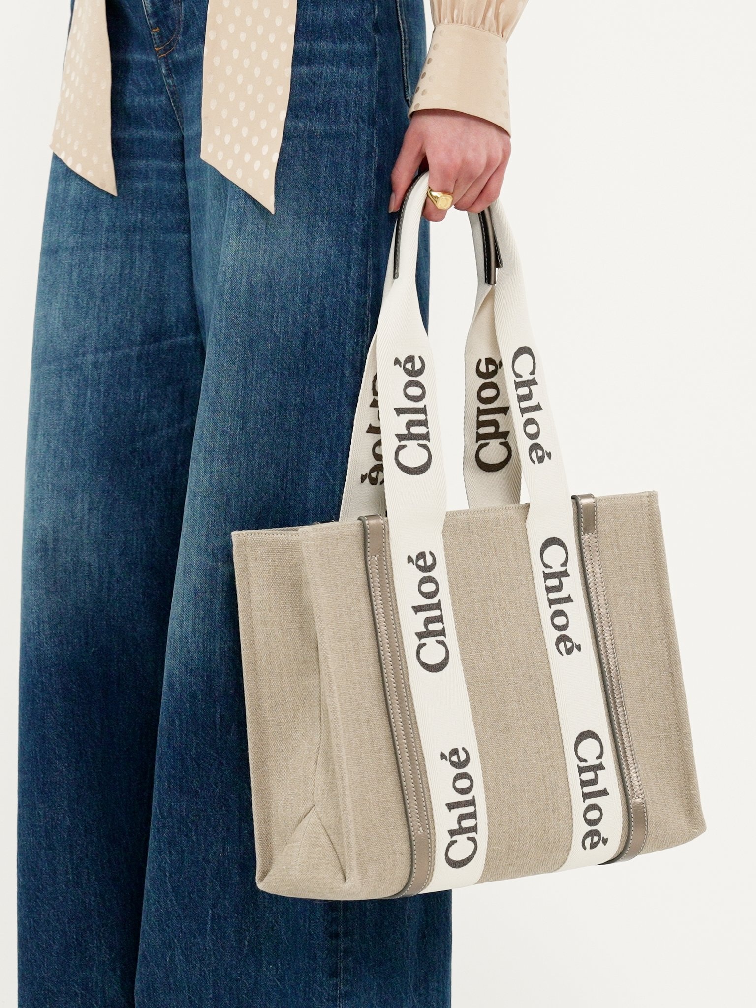 WOODY TOTE BAG IN LINEN & LEATHER - 4