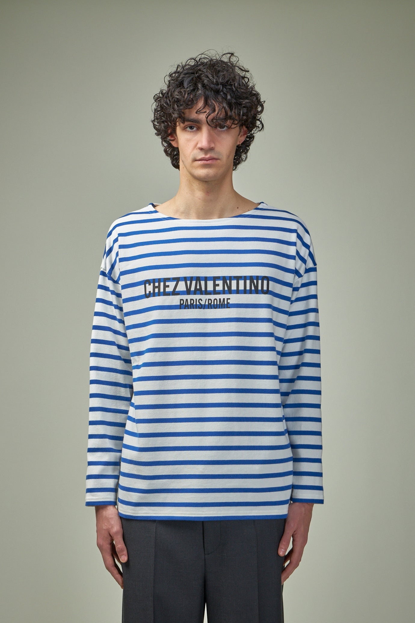 Long-Sleeved Cotton T-Shirt with Chez Valentino Print - 1