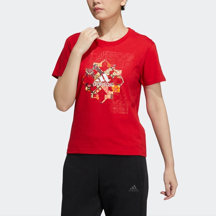 (WMNS) adidas Printing Logo Round Neck Short Sleeve Red HC2807 - 3