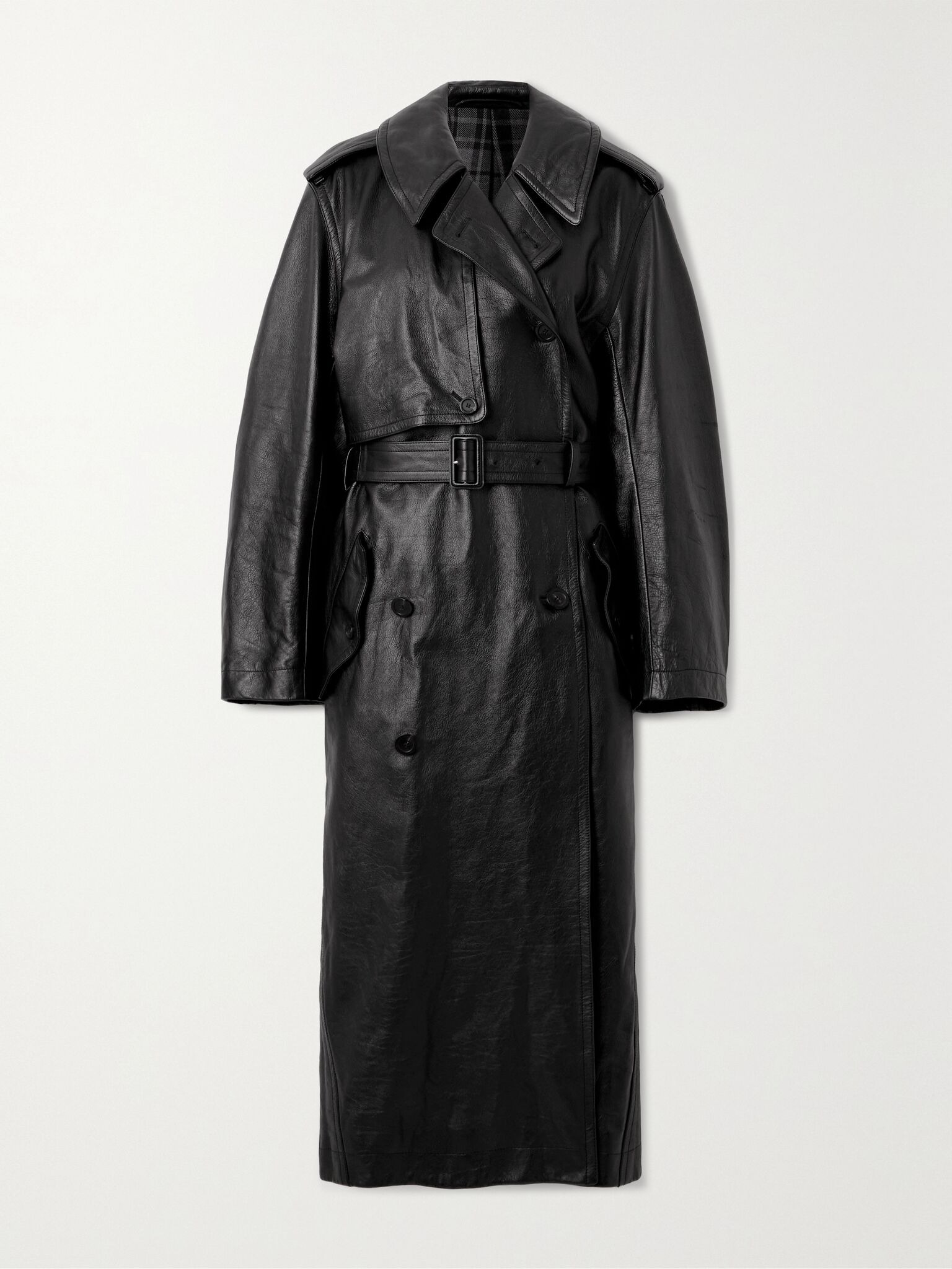 Cocoon double-breasted belted leather trench Black - 1