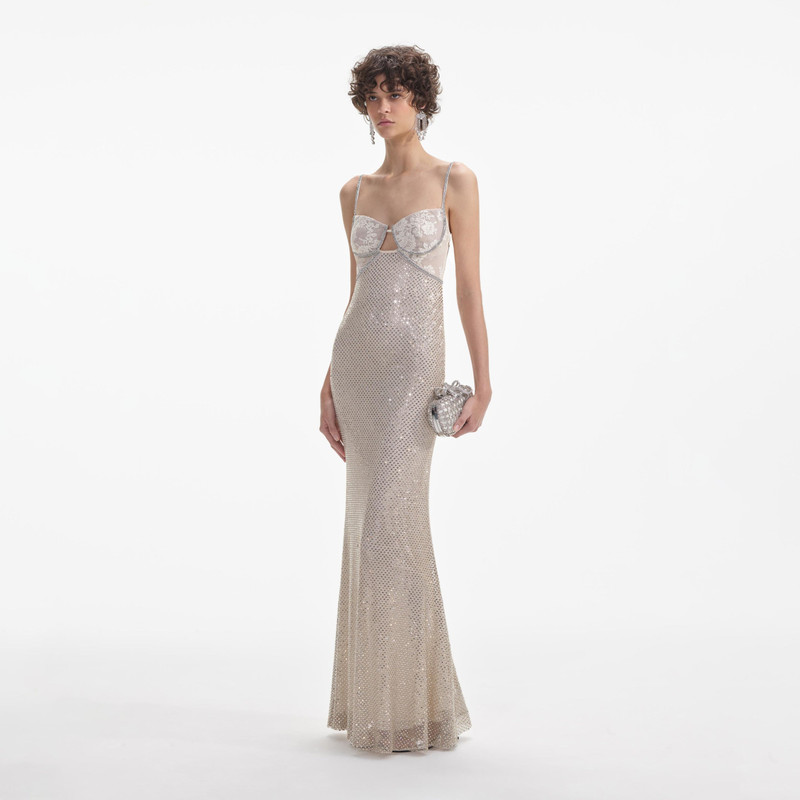 self-portrait Cream Rhinestone Mesh Maxi Dress - AW24-101X-C | REVERSIBLE