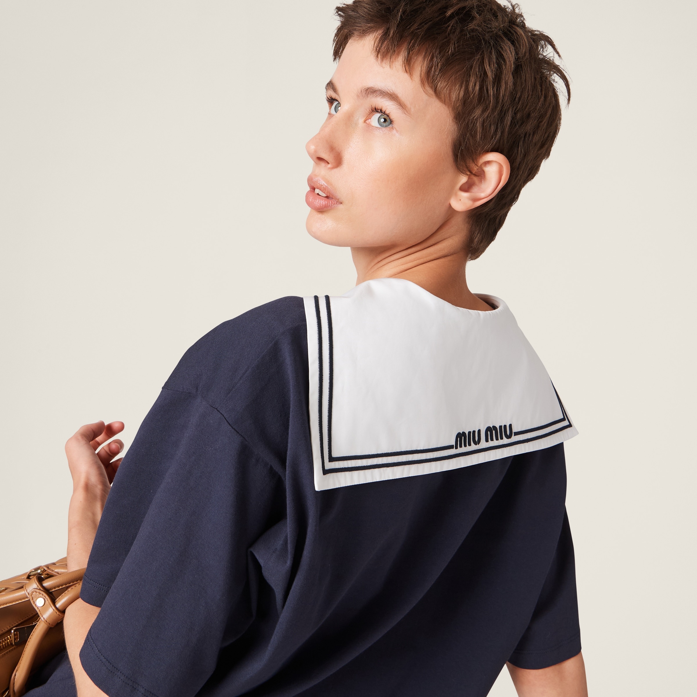 【MIU MIU】Sailor Collar Cotton Short Sleeve T-shirt Miu Miu Sailor-Collar Cotton Top - Blue | Editorialist