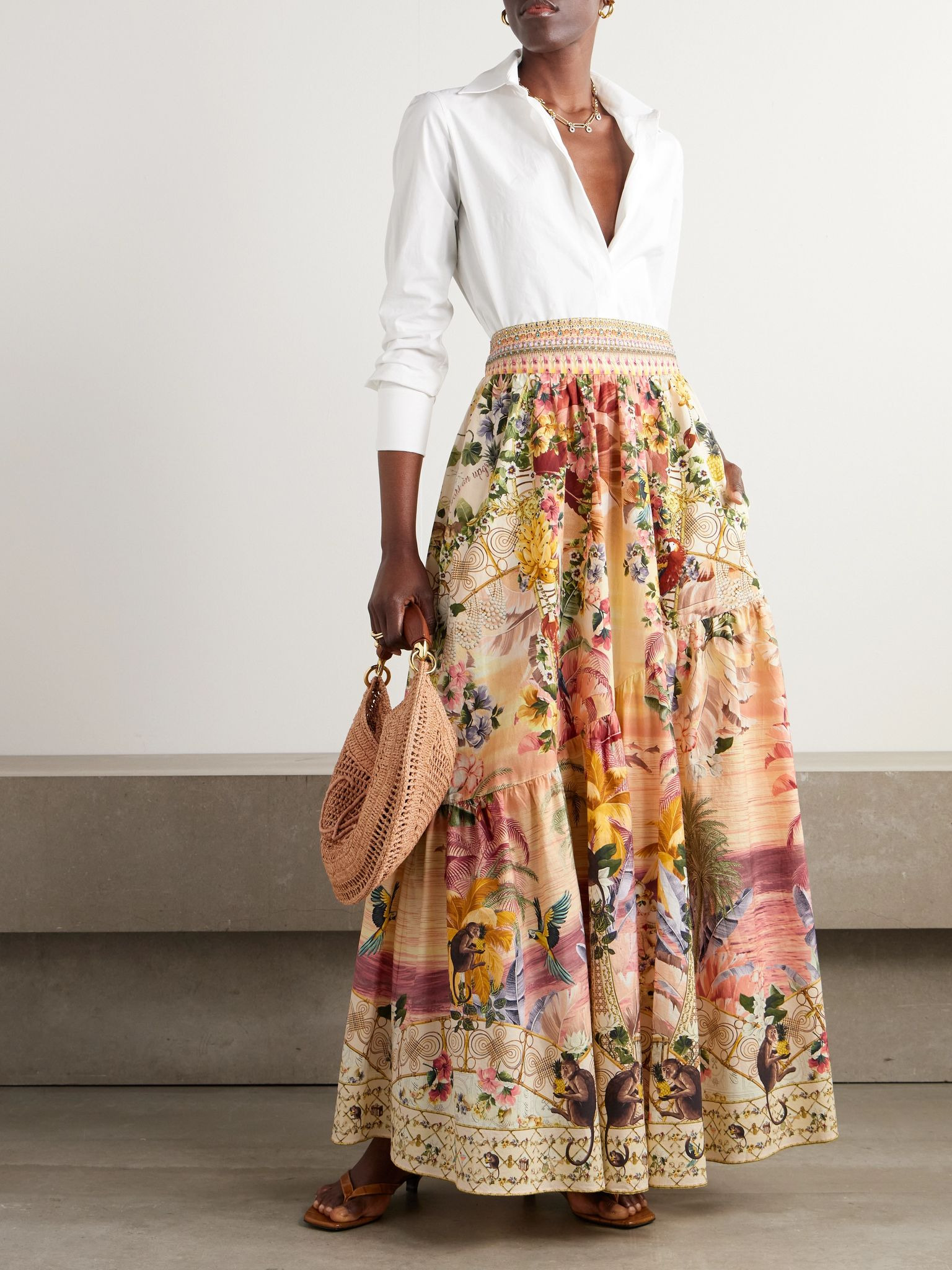 + The White Lotus crystal-embellished printed linen maxi skirt Pink - 2