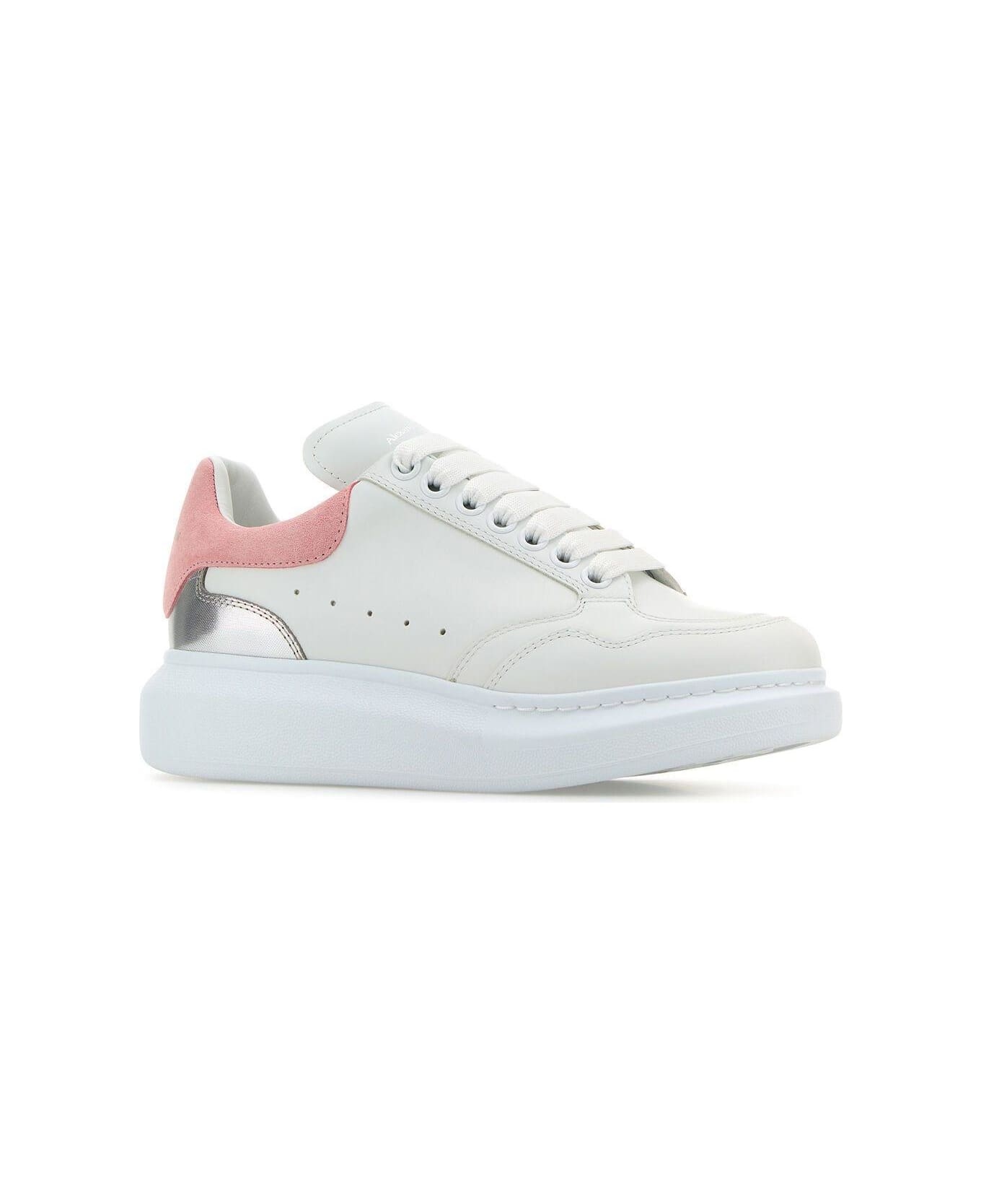 White Leather Sneakers With Pink Suede Heel - 2