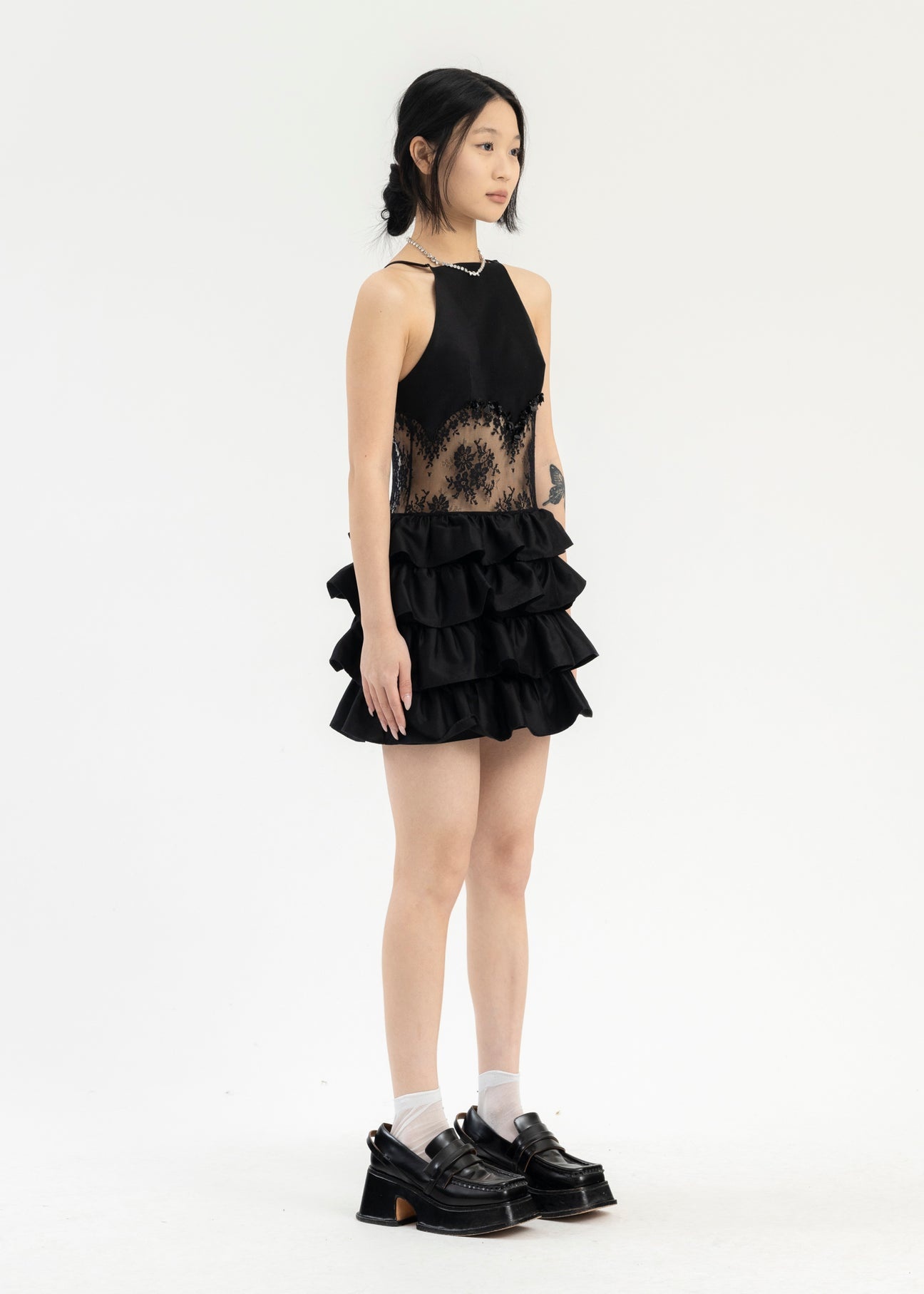 Black Patchwork Multi-Layer Short Dress - 3