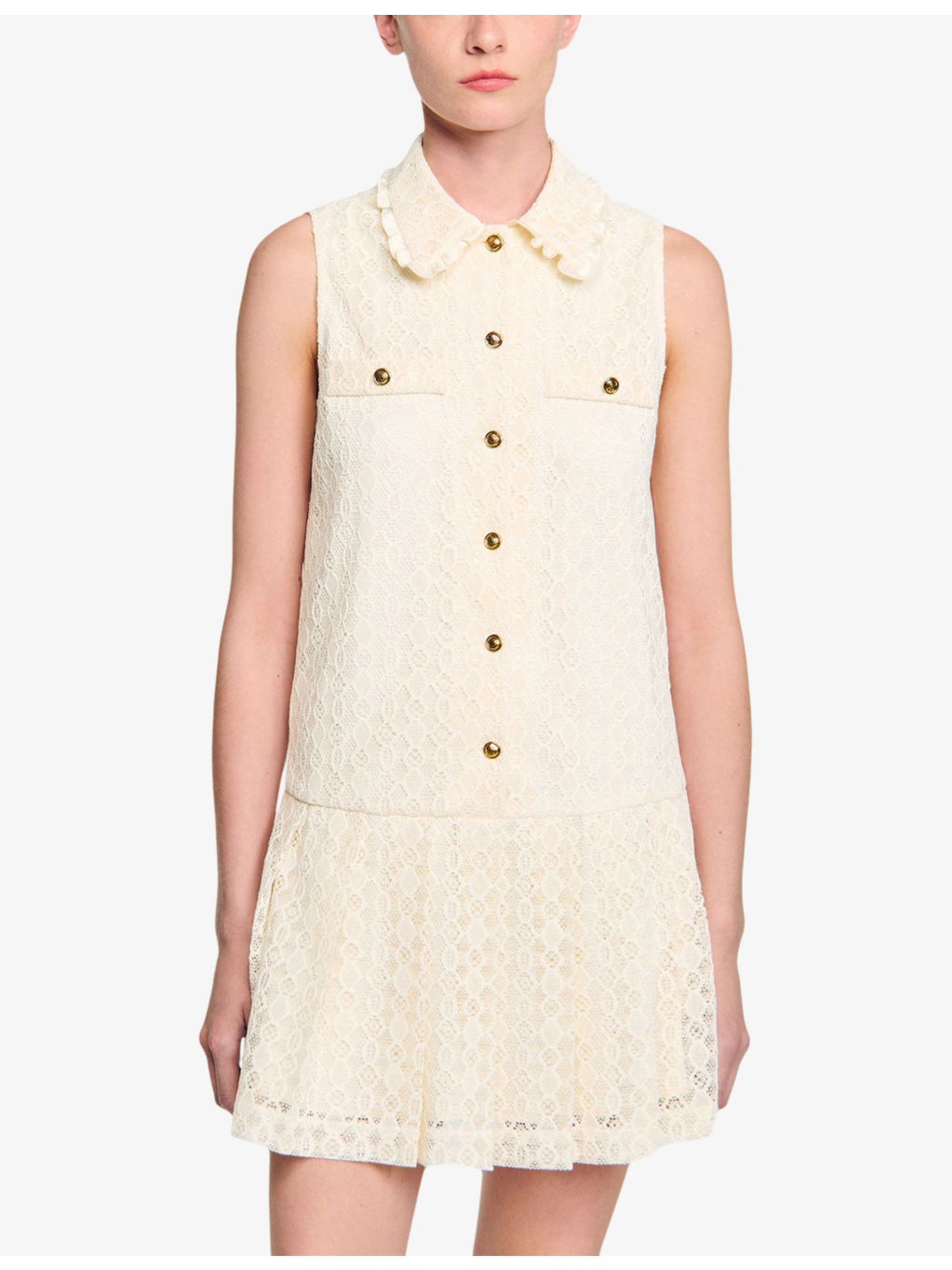 Sleeveless Chest-Pocket Lace Mini Dress - 3