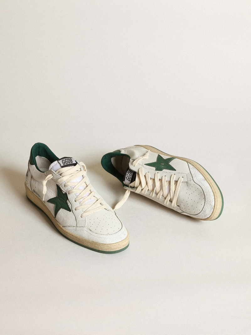 Golden Goose Women's Ball Star in white nappa leather with green leather star and heel tab outlook