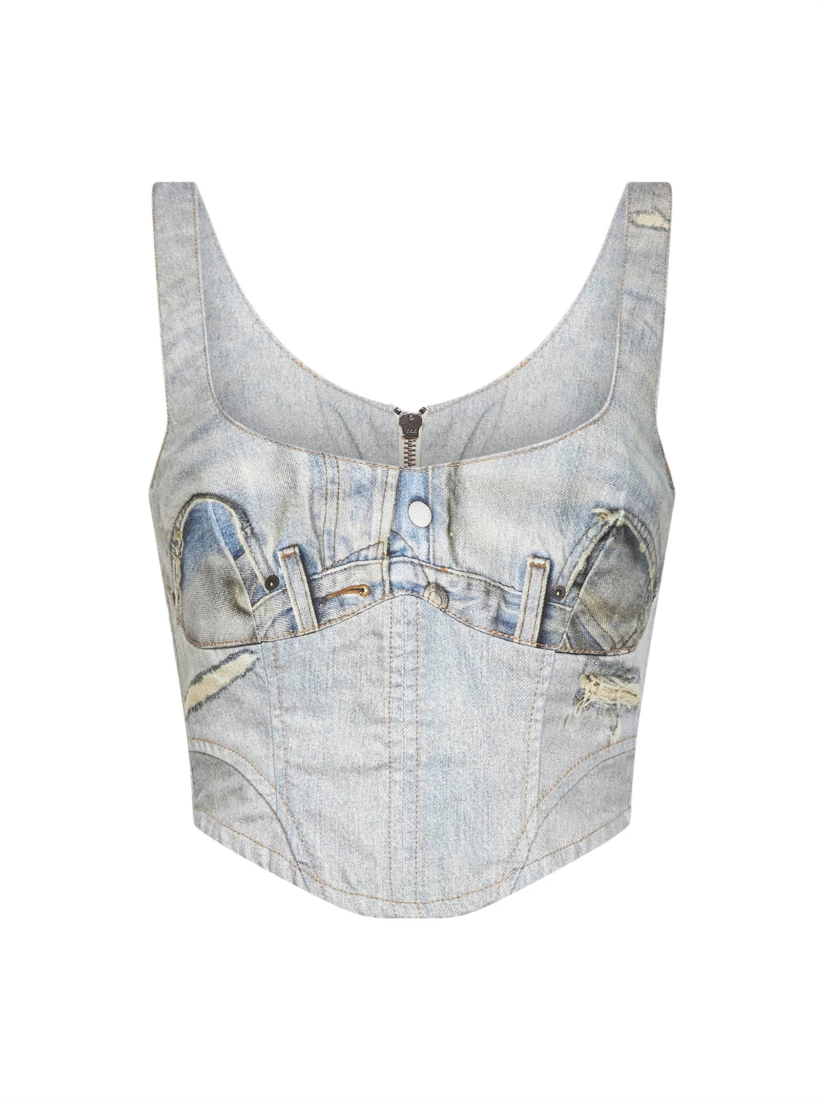 Beige denim trompe l'oeil-print Elsie corset top - 1