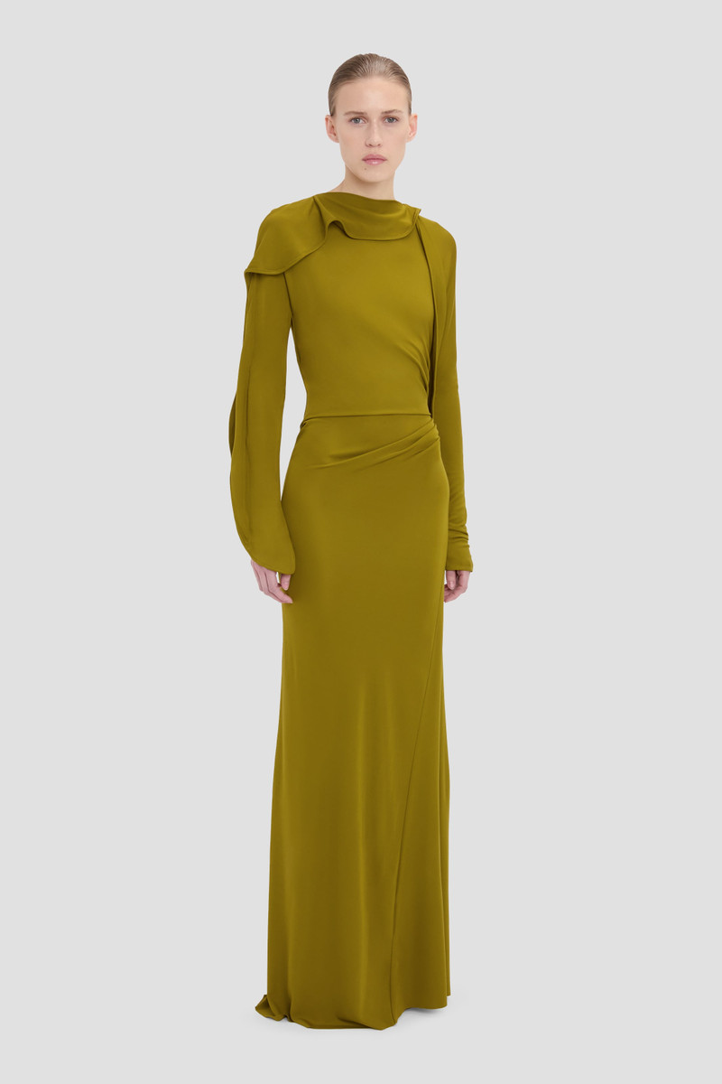 Closed Neck Draped Gown In Moss 3