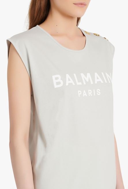 Light gray eco-designed cotton T-shirt with white Balmain logo print - 6