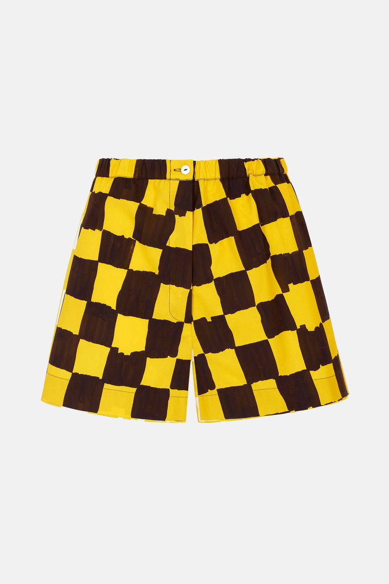 Emilia Wickstead X Palm Heights Pasqa Shorts in Chocolate and Yellow Checkerboard Print Cotton 1