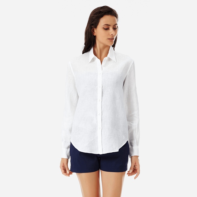 Women long sleeves Linen Shirt Solid - 3