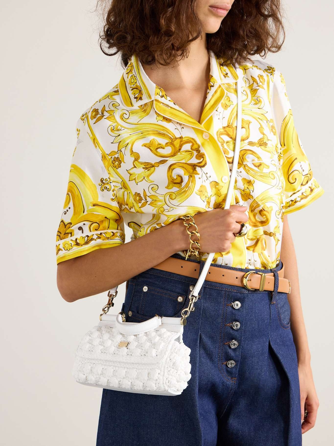 Sicily small leather-trimmed crocheted raffia shoulder bag - 6
