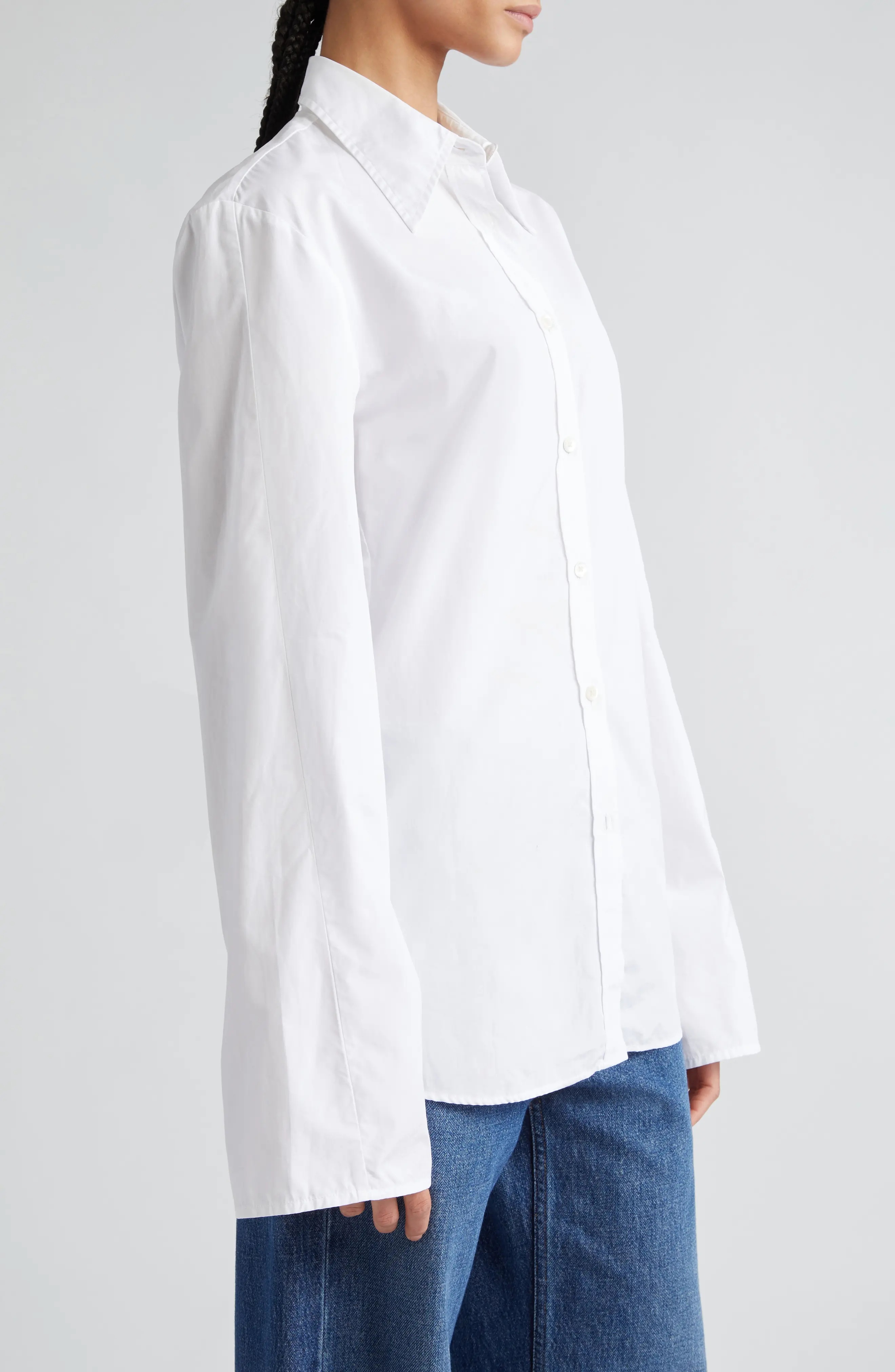 Fluted Sleeve Organic Cotton Poplin Button-Up Shirt - 4