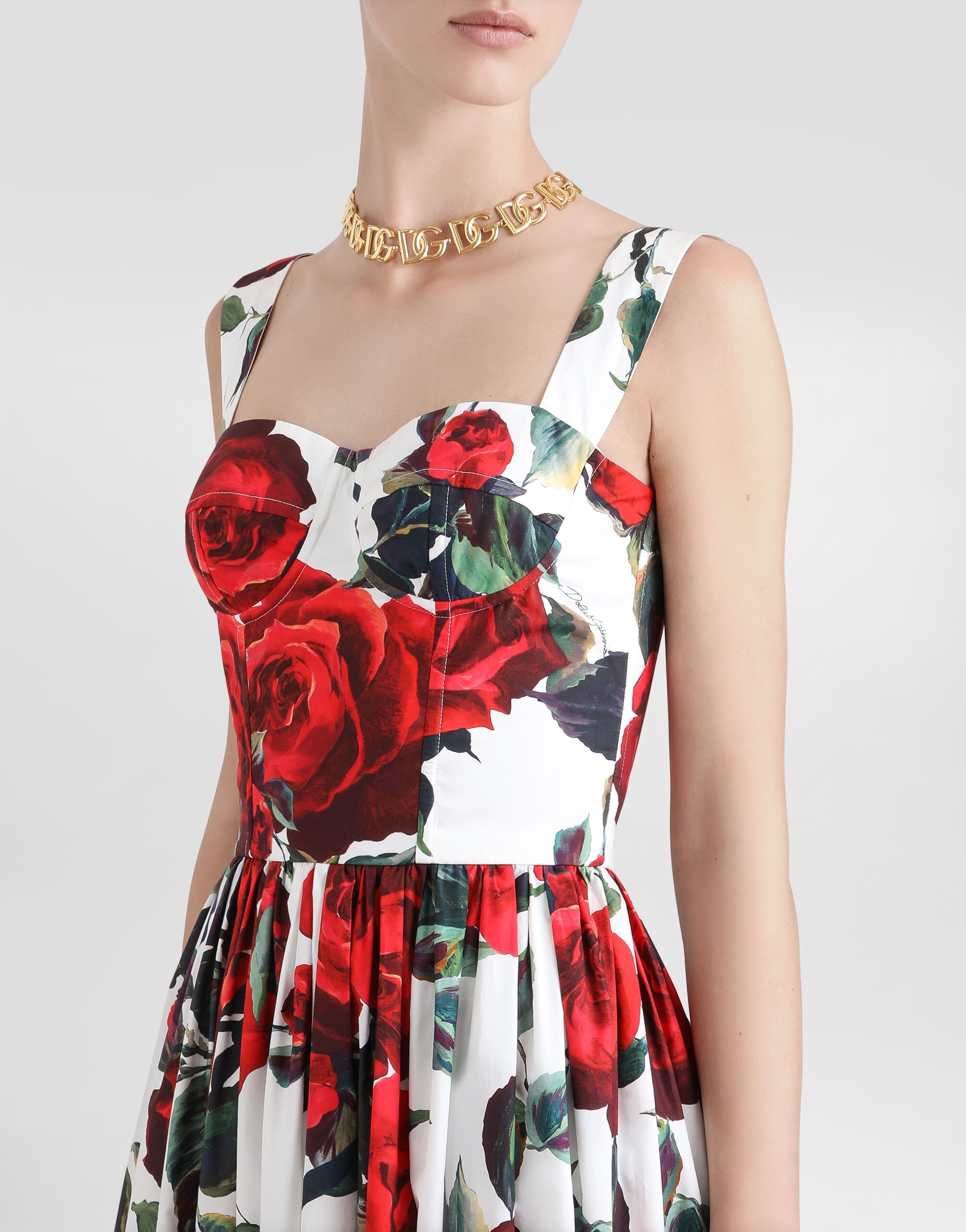 Calf-length corset dress with rose print - 5