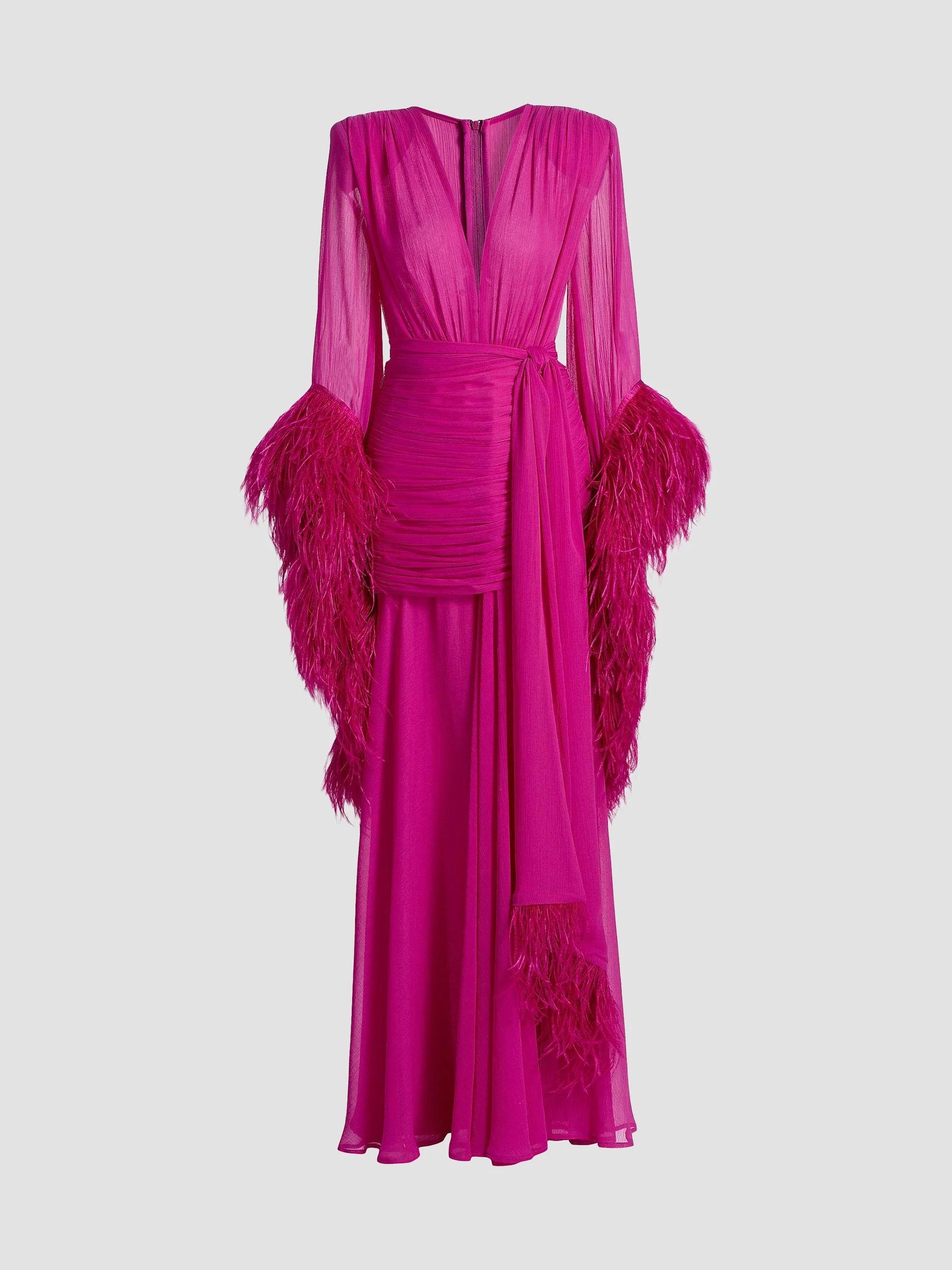 Women's Geisha Feather-Trim Chiffon Gown - Pink - 1