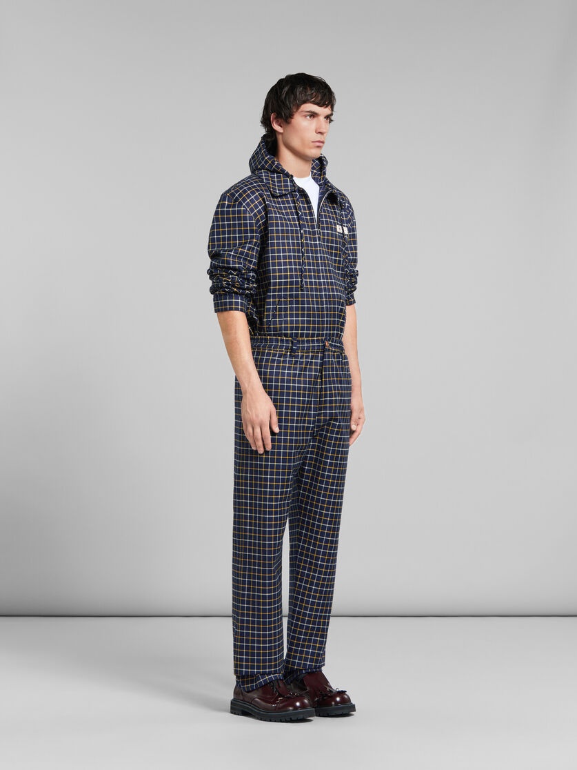 BLUE CHECKED WOOL AND COTTON TRACK PANTS - 5