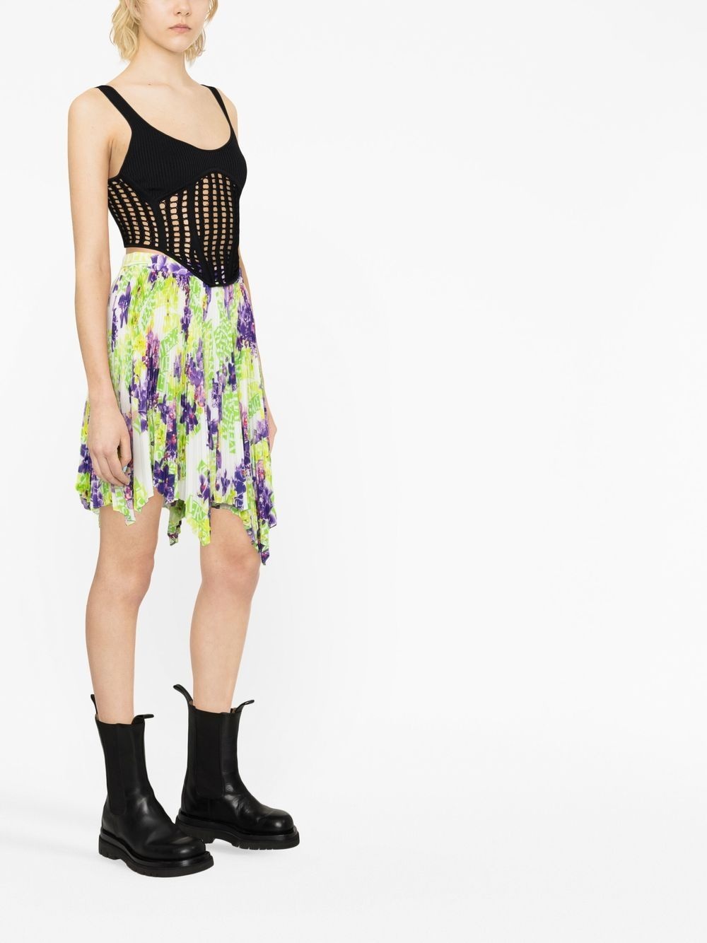 Logo Orchid-print pleated asymmetric skirt - 4