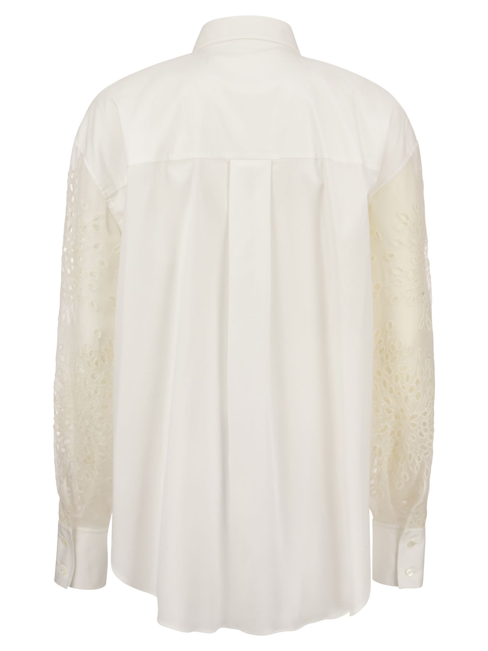 Brunello Cucinelli Women Stretch Cotton Poplin Shirt With Crispy Silk Broderie Anglaise Sleeve - 2