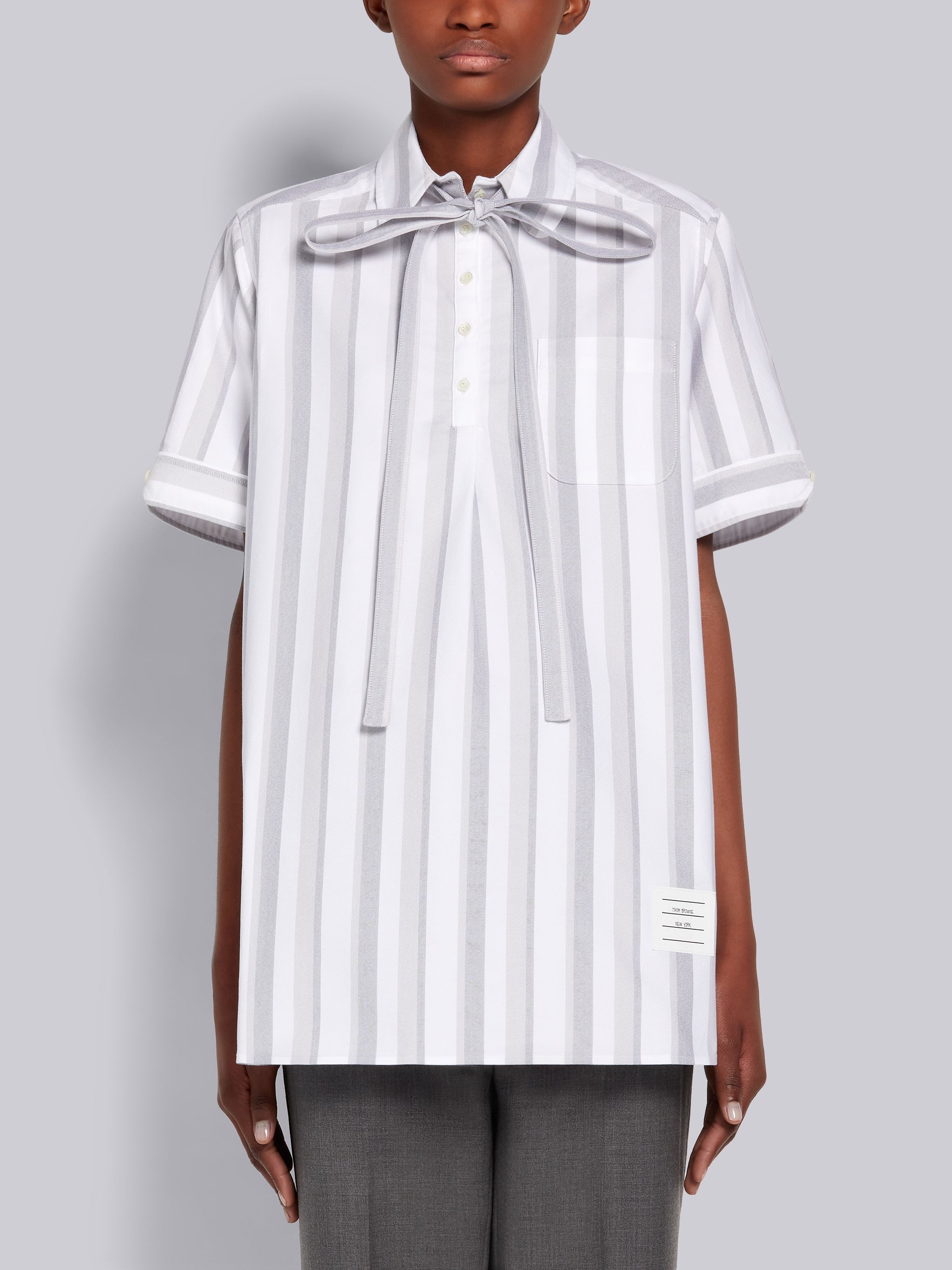 Medium Grey Alternating Stripe Oxford Bow Tie Blouson Short-sleeved Shirt - 1