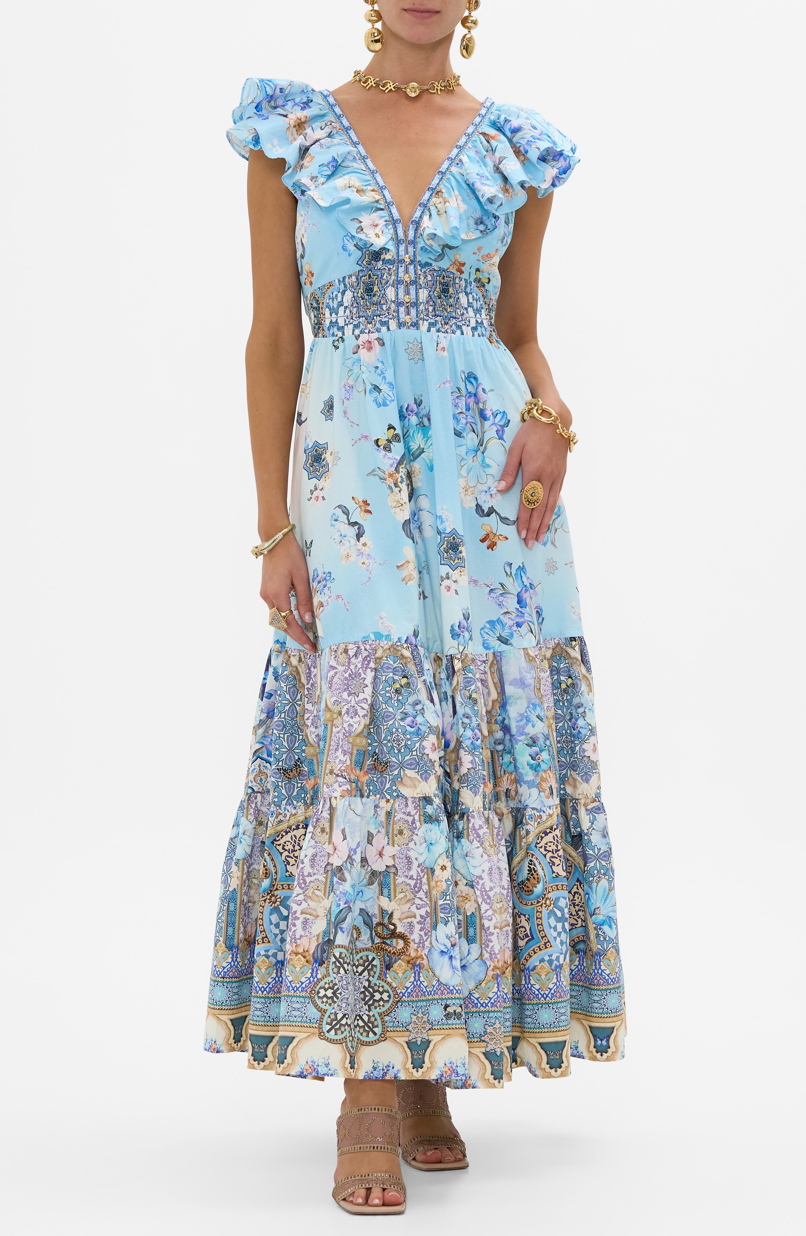 Camilla Al Manial Palace Memoirs Ruffle Neck Cotton Tiered Maxi Dress at Nordstrom - 1
