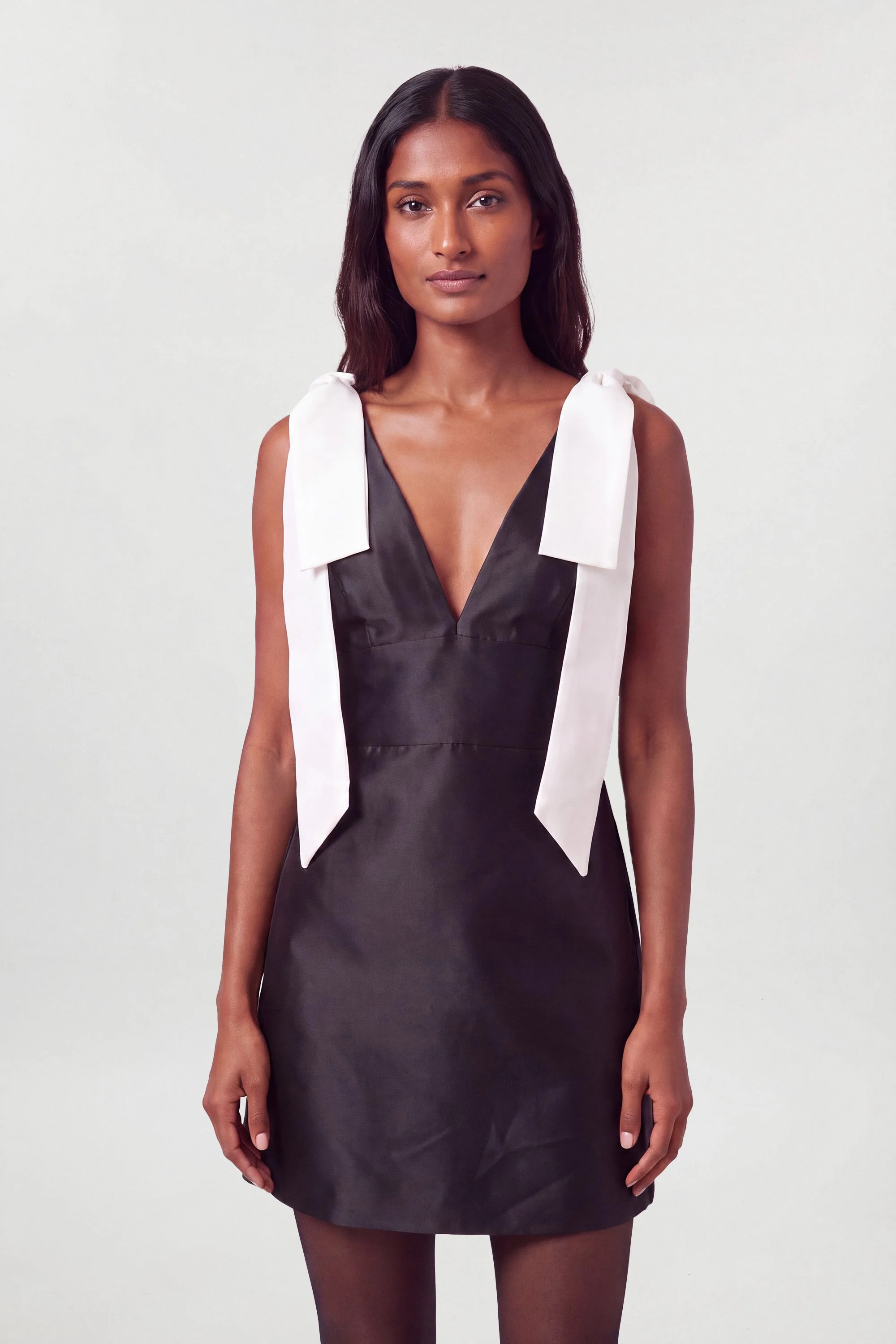 Contrast Tie Shoulder Twill Mini Dress - 1
