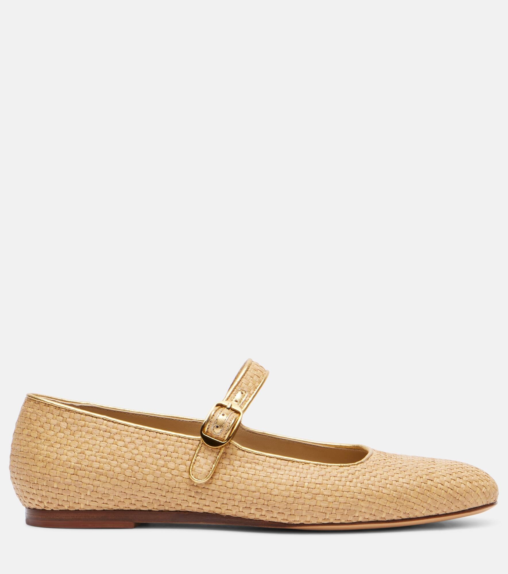 Leather-trimmed raffia Mary Jane flats - 4