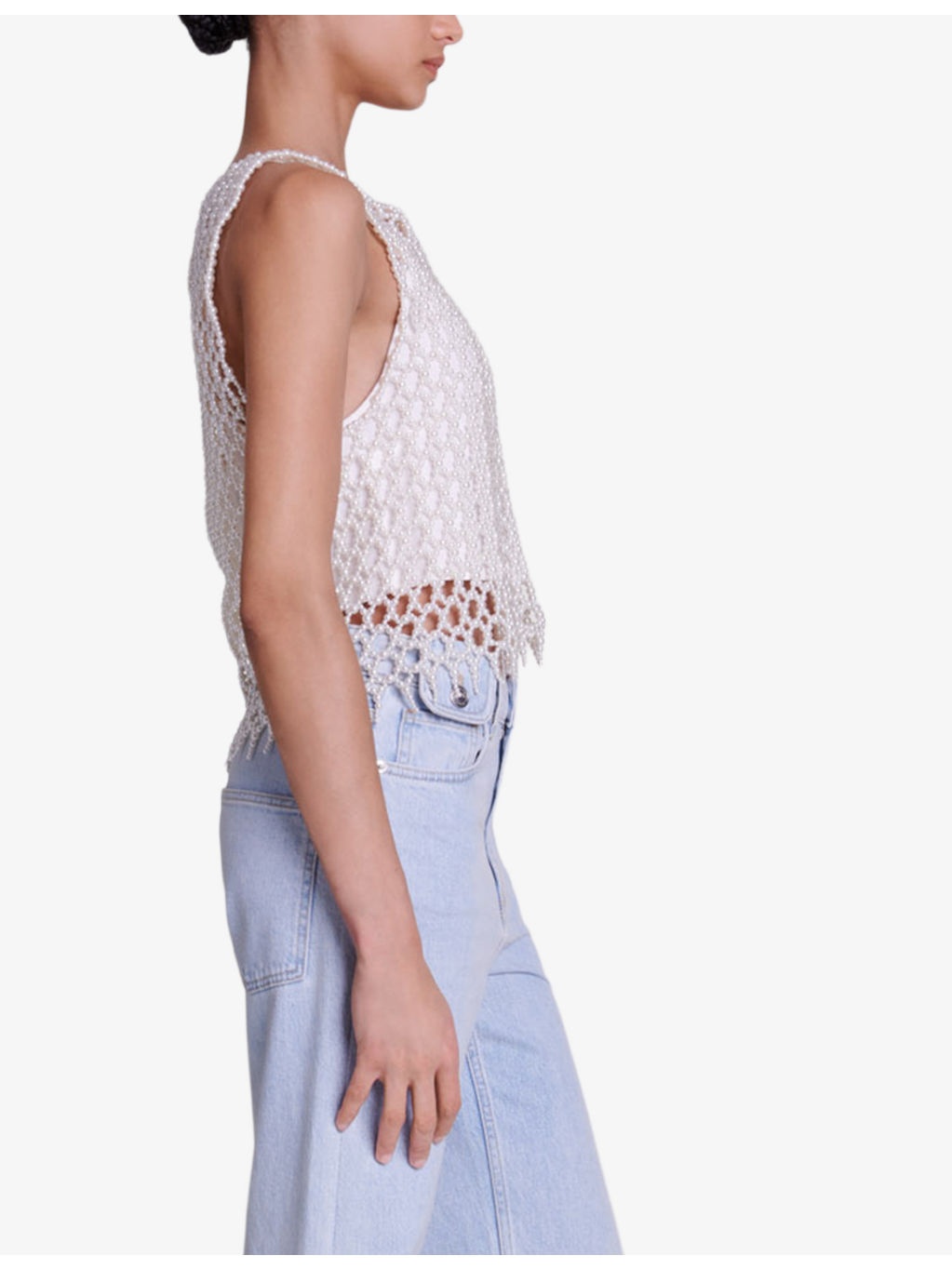 Bead-embellished cropped stretch-woven top - 4
