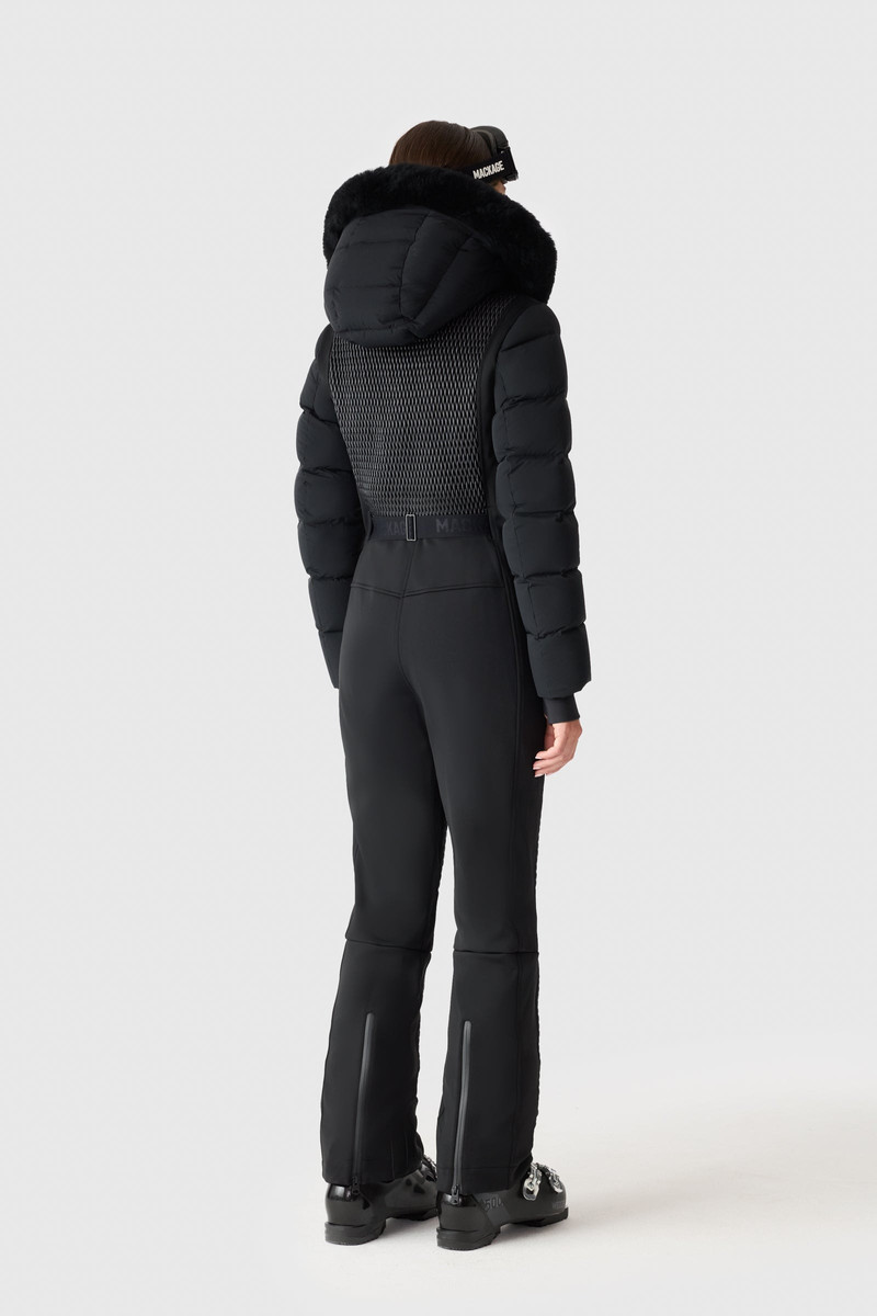 LORELLE Belted Down Ski Suit With Removable Shearling-Trimmed Hood 4