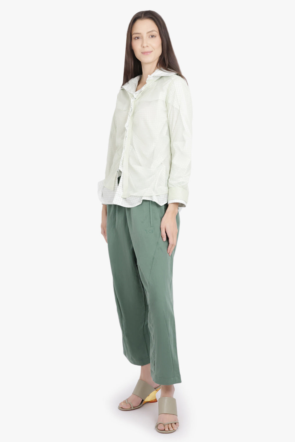 LAYERED L/S SHIRT WITH CHECK RUCHING DETAIL | GREEN/WHITE - 6