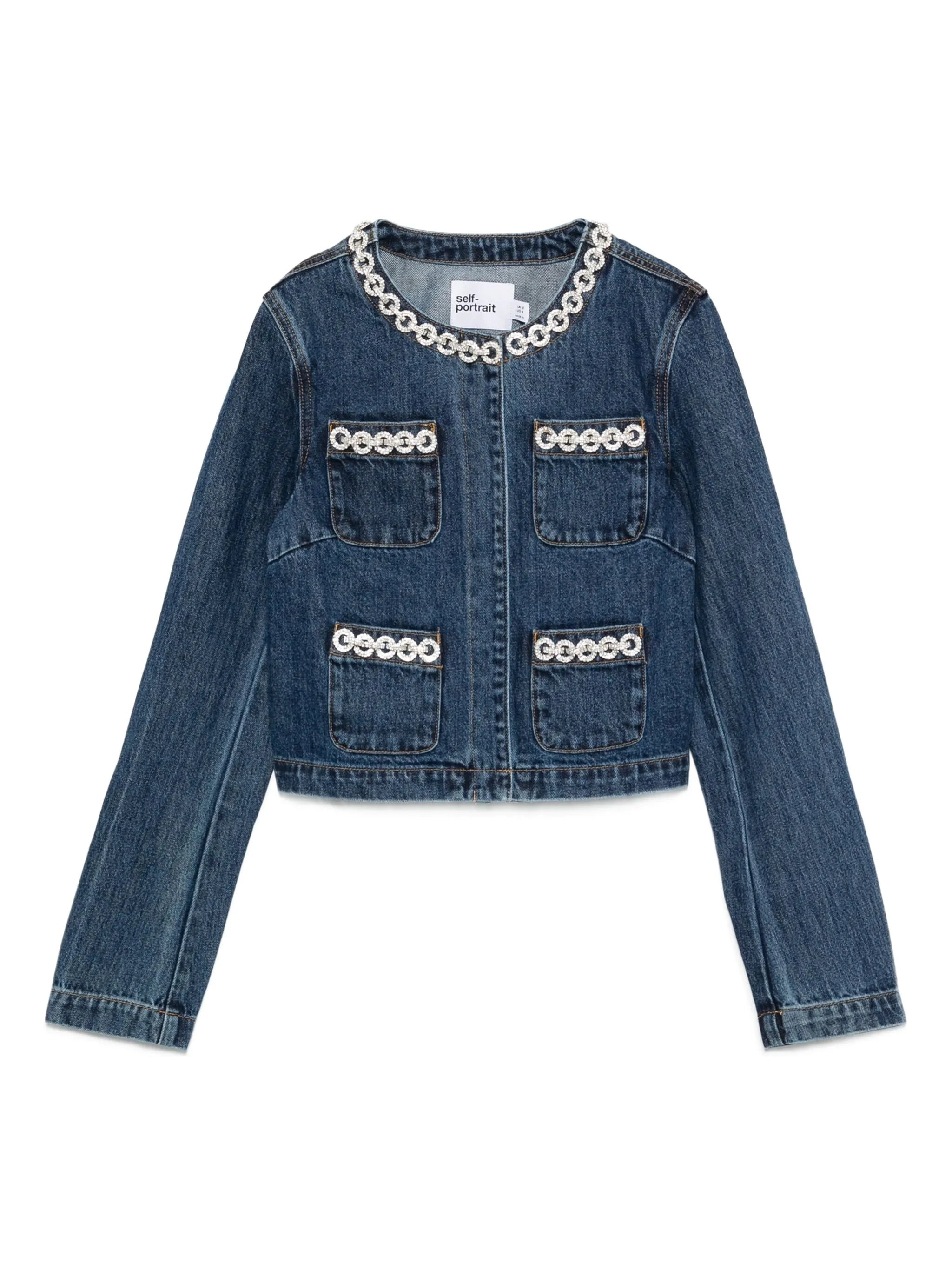 Self-portrait Embellished-pocket Denim Jacket - 1