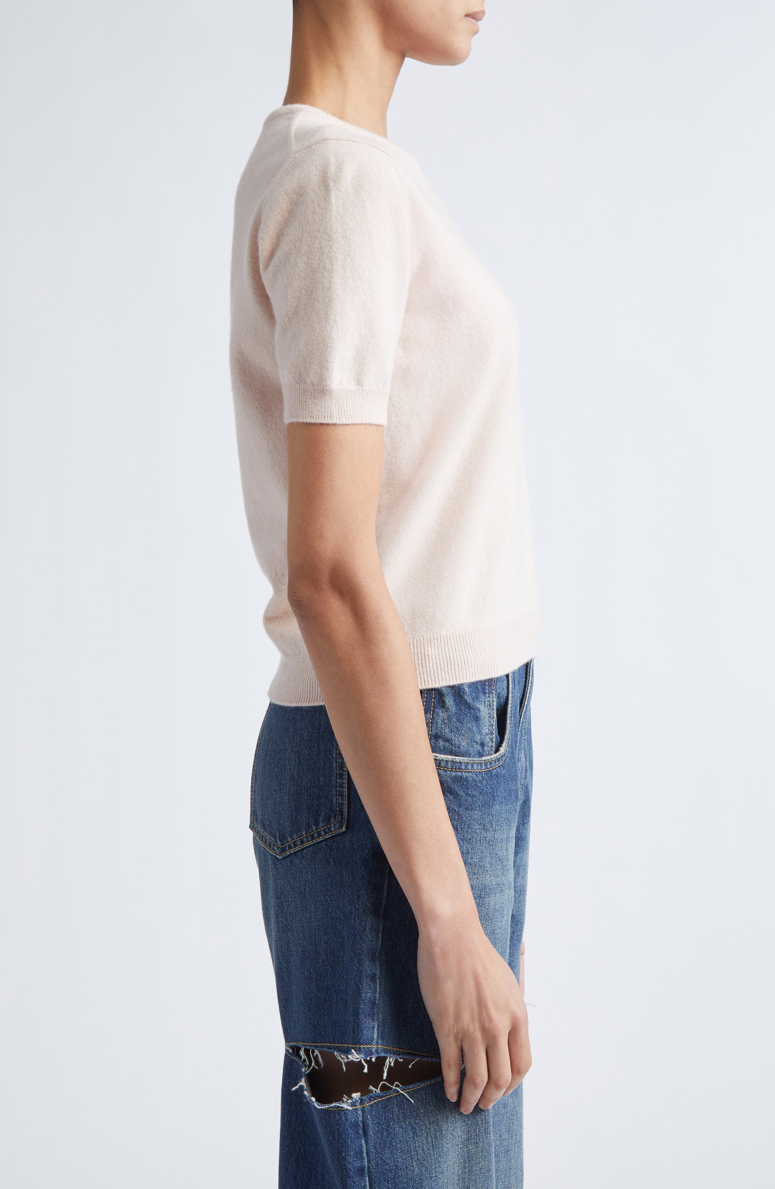 Maison Margiela Short Sleeve Virgin Wool Crewneck Sweater in Pale Pink at Nordstrom - 4