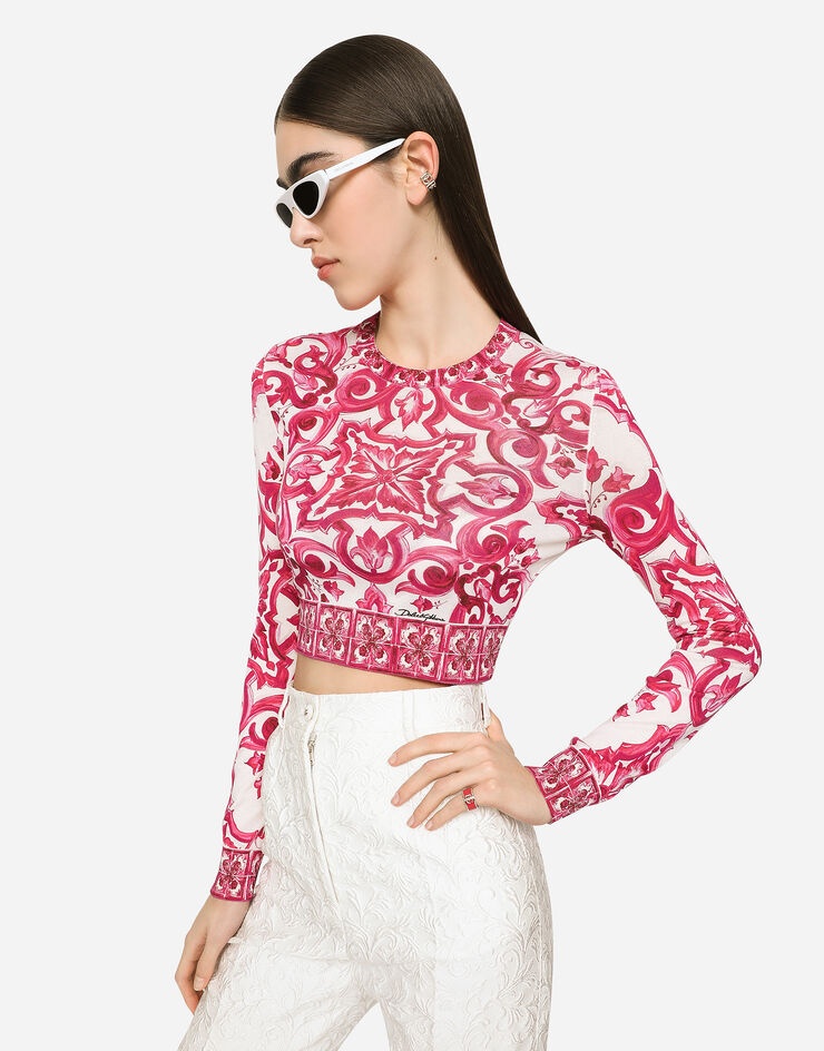 Cropped Majolica-print silk sweater - 4