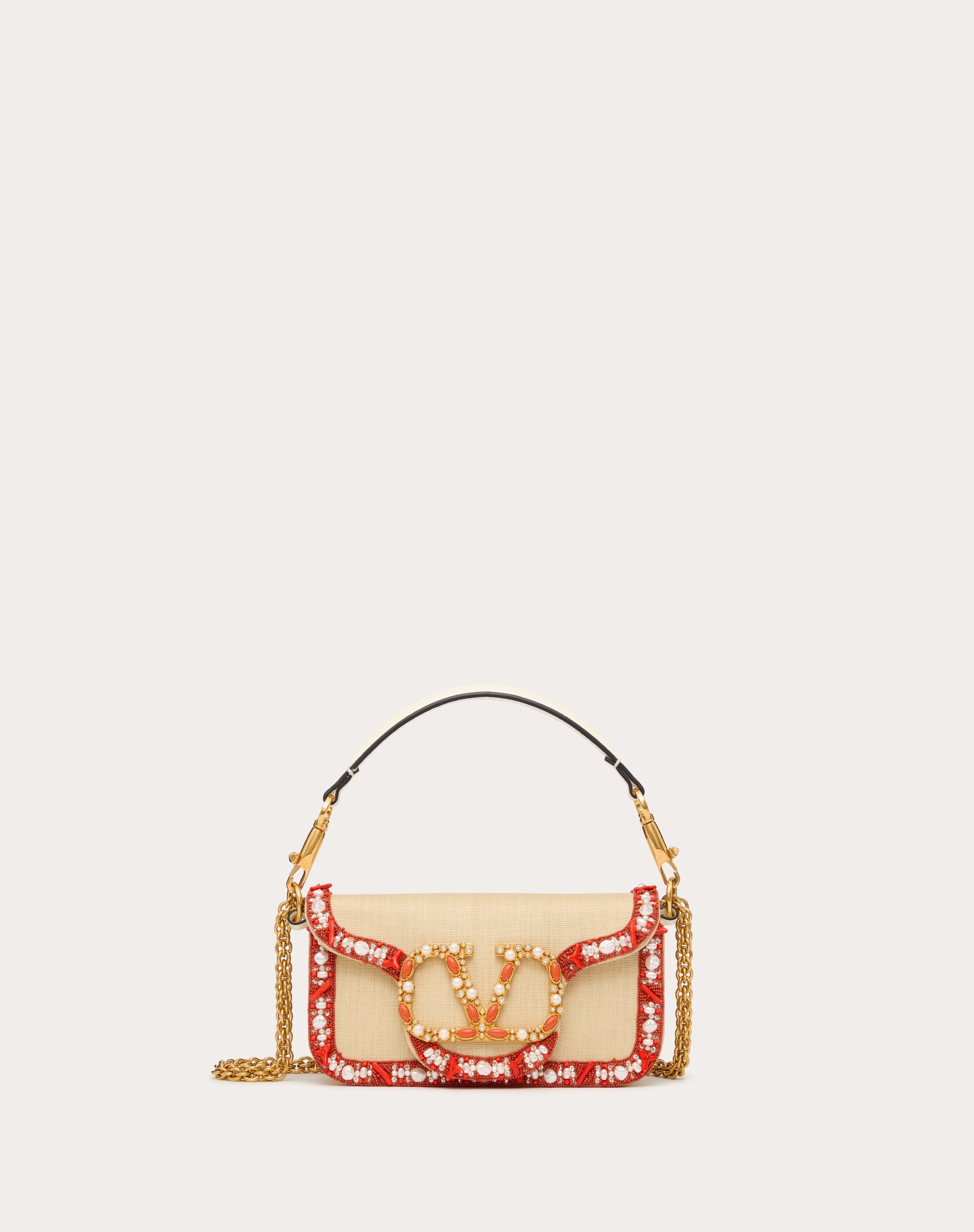 SMALL VALENTINO GARAVANI LOCÒ RAFFIA SHOULDER BAG WITH EMBROIDERED TRIM - 1