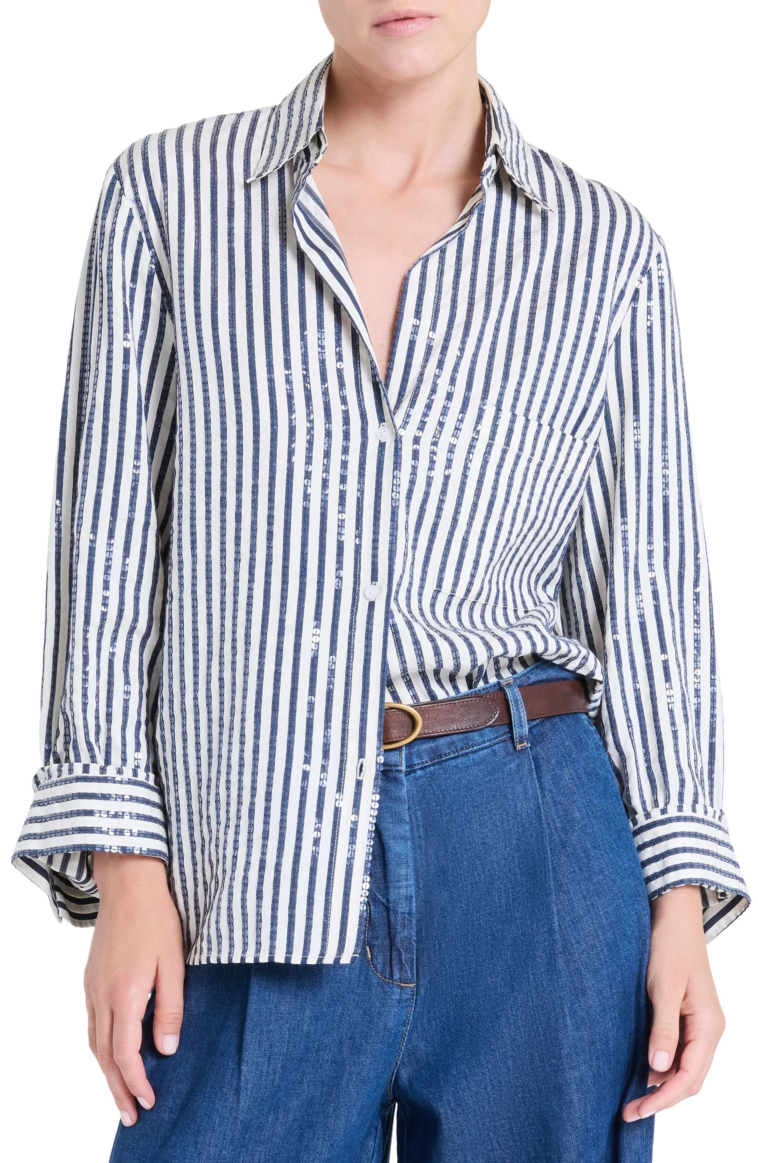 TWP Next Morning Sequin Stripe Button-Up Shirt in Indigo /White at Nordstrom - 1