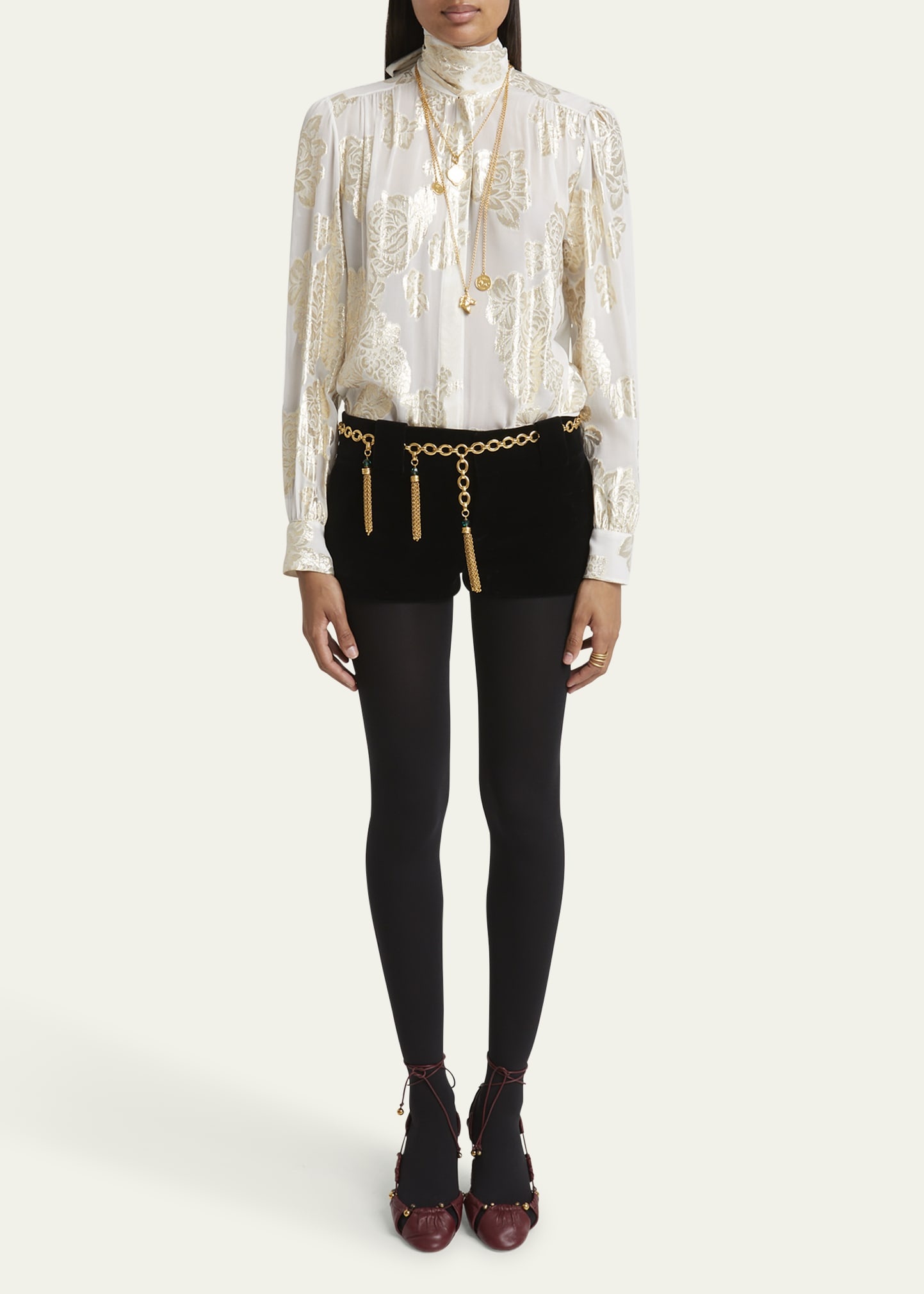 Metallic Floral Silk Scarf-Neck Top - 2
