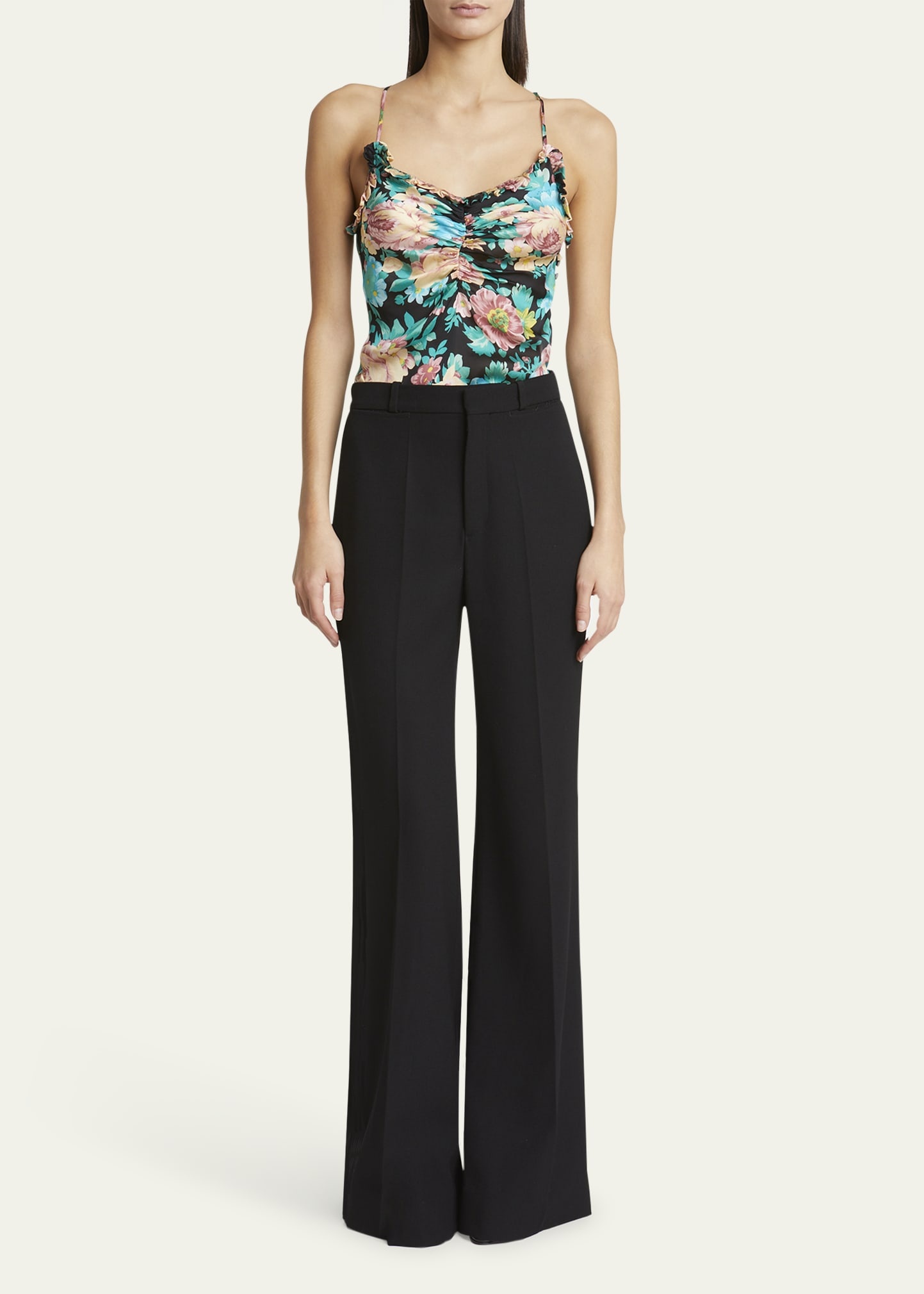Floral Ruched Ruffle-Trim Silk Tank Top - 2
